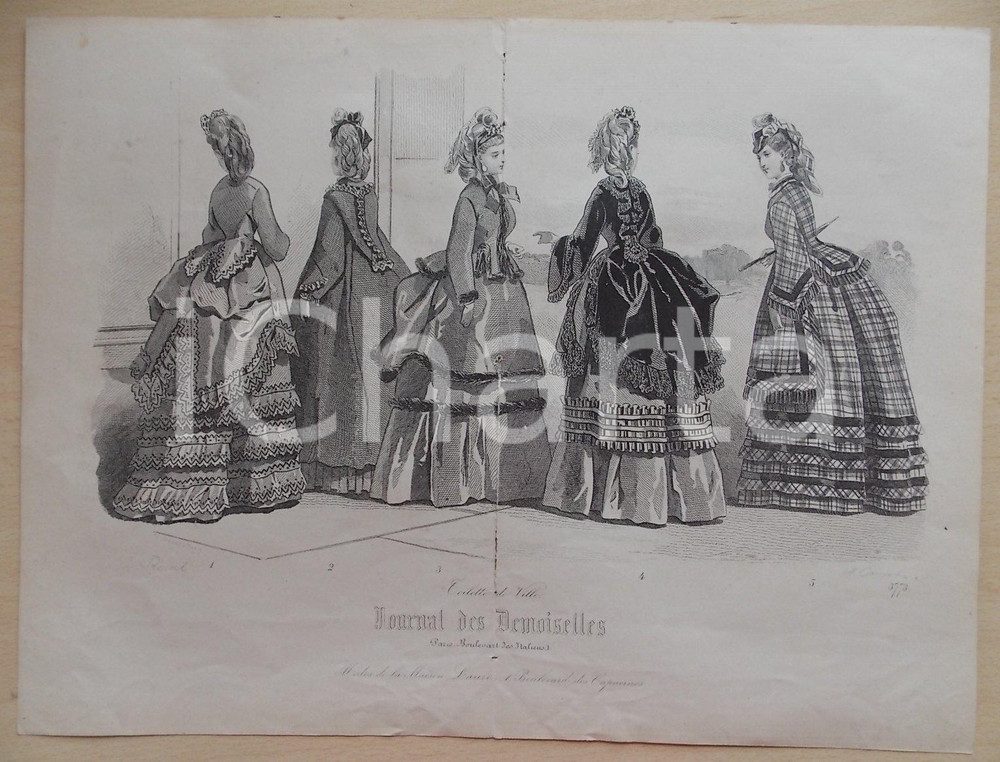 Stampa, bozzetto originale 1850 ca PARIS Journal des Demoiselles Modes de la MAISON LAURE Illustr. CARRACHE 1