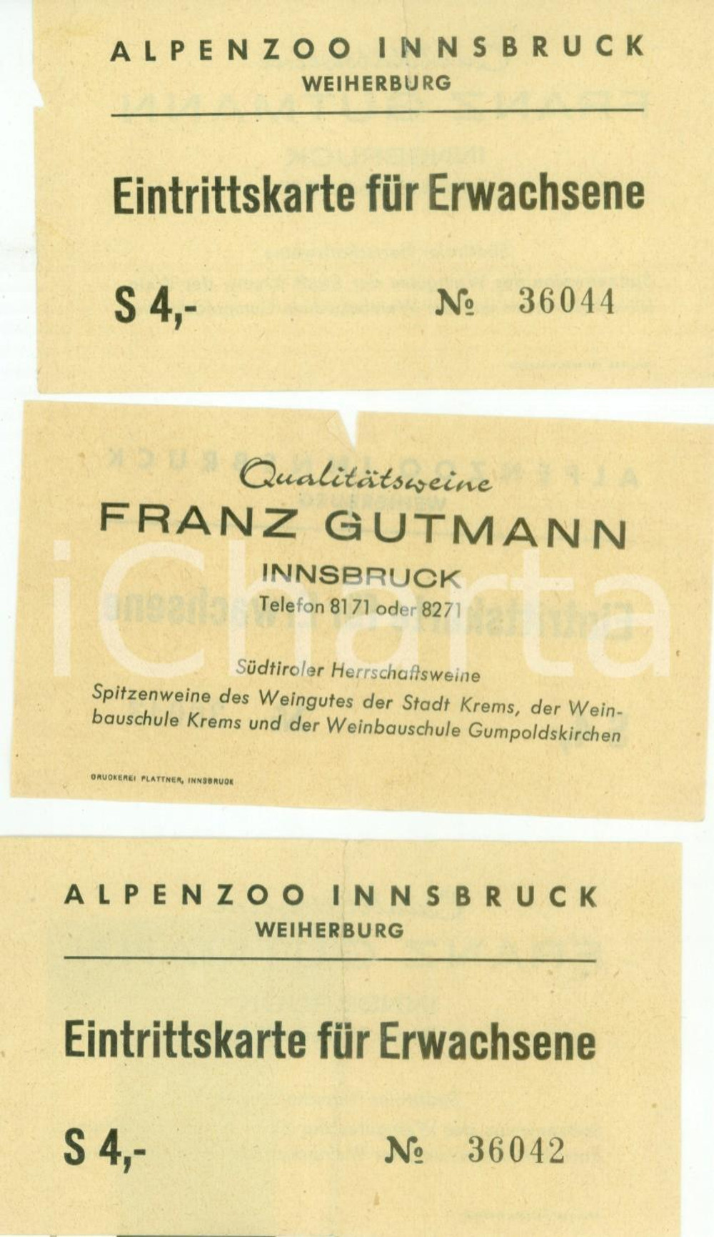 Oggetto da collezione cartaceo 1950 ca INNSBRUCK TIROLO Lotto tre biglietti per ALPENZOO Franz GUTMANN 1