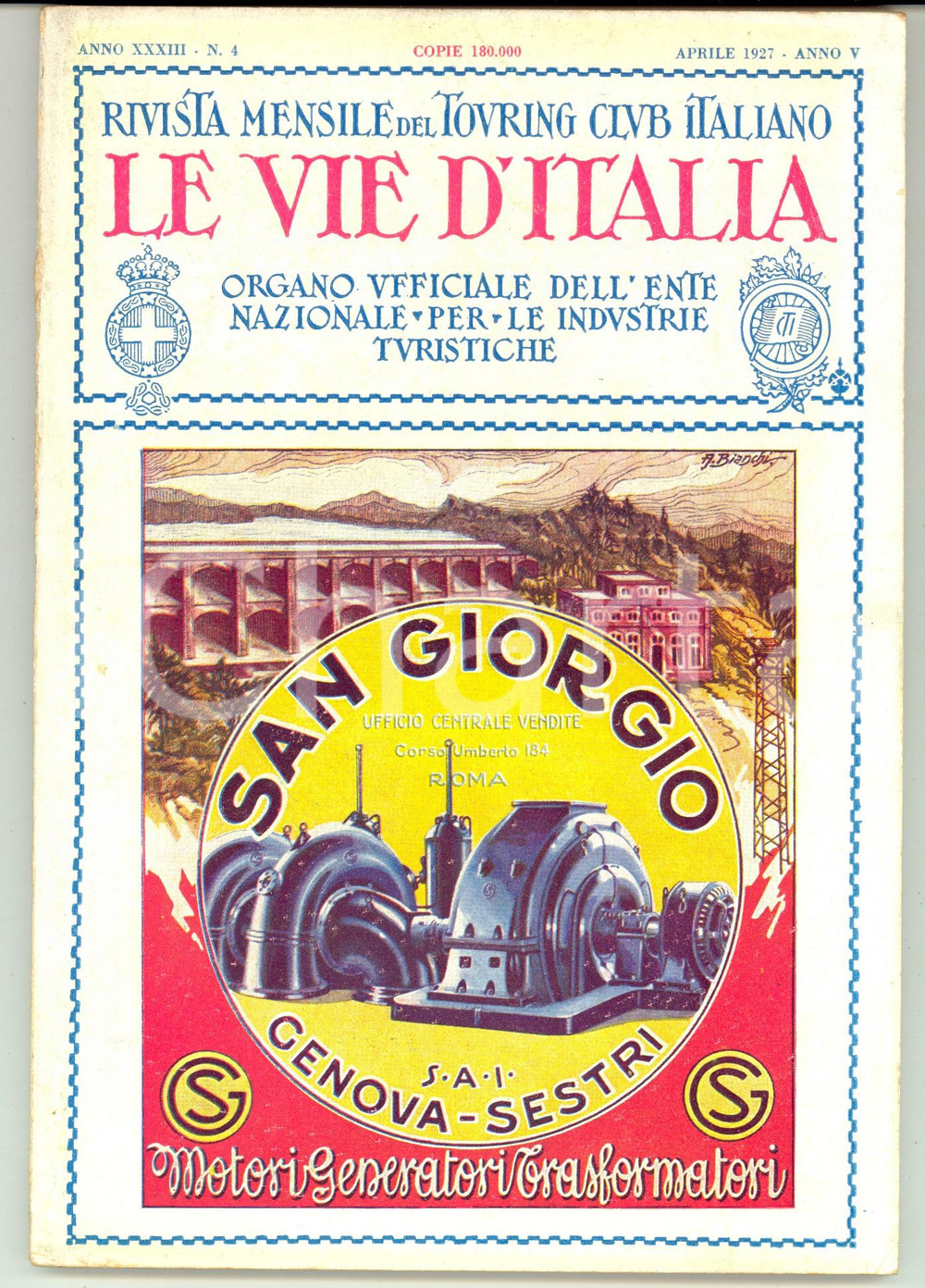 Giornale, rivista storica 1927 LE VIE D ITALIA TCI La Rocca di ANGERA Rivista Anno XXXIII nÂ°4 SAN GIORGIO 1
