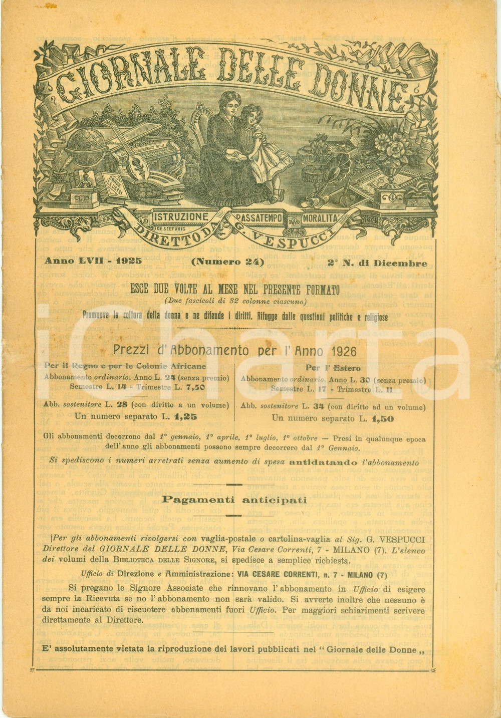 Giornale, rivista storica 1925 MILANO Rivista GIORNALE DELLE DONNE Anno LVII nÂ° 24 Coltura della donna 1