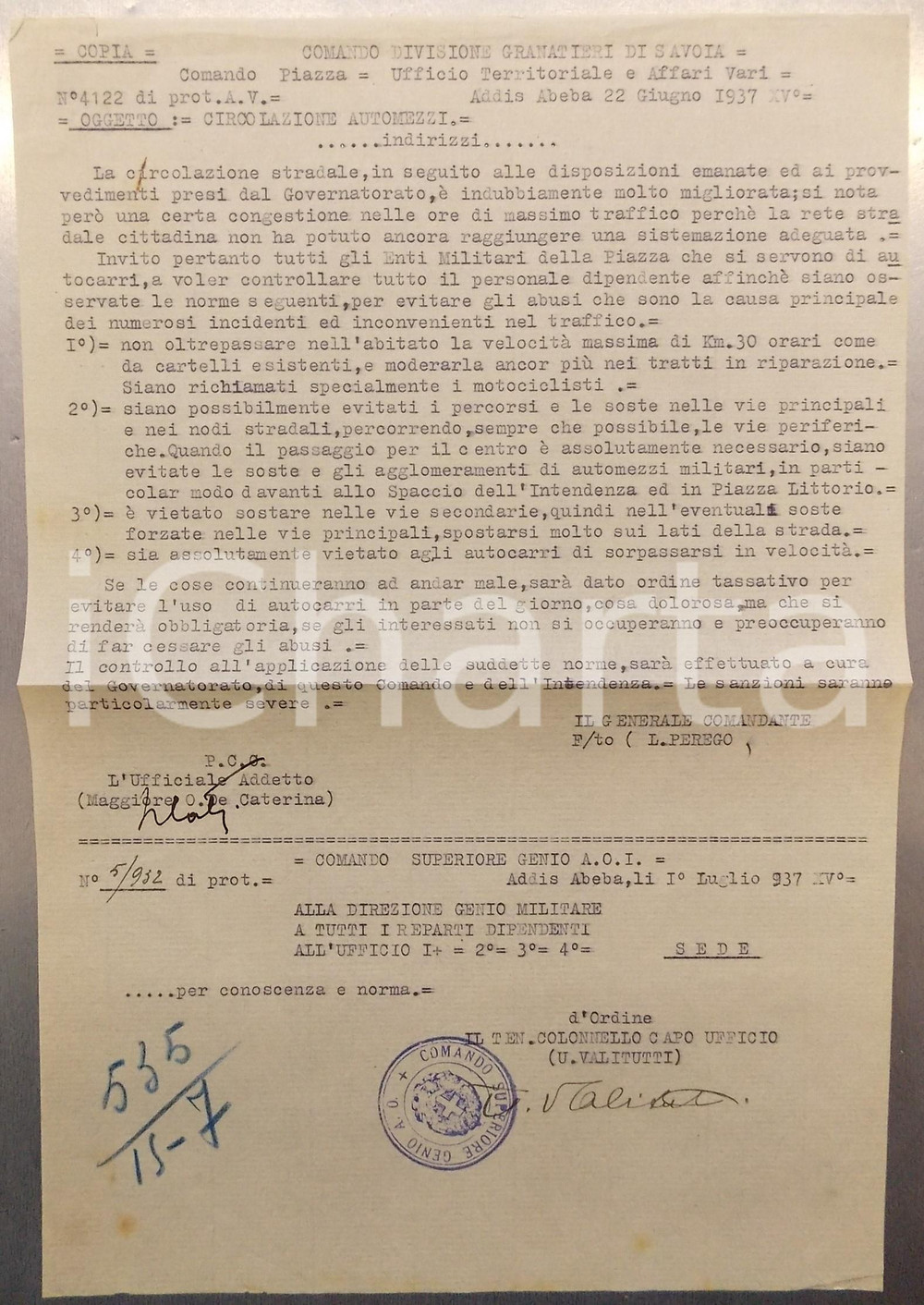 Documento originale, autentico 1937 ADDIS ABEBA ETIOPIA AOI Migliora la circolazione delle automobili 1