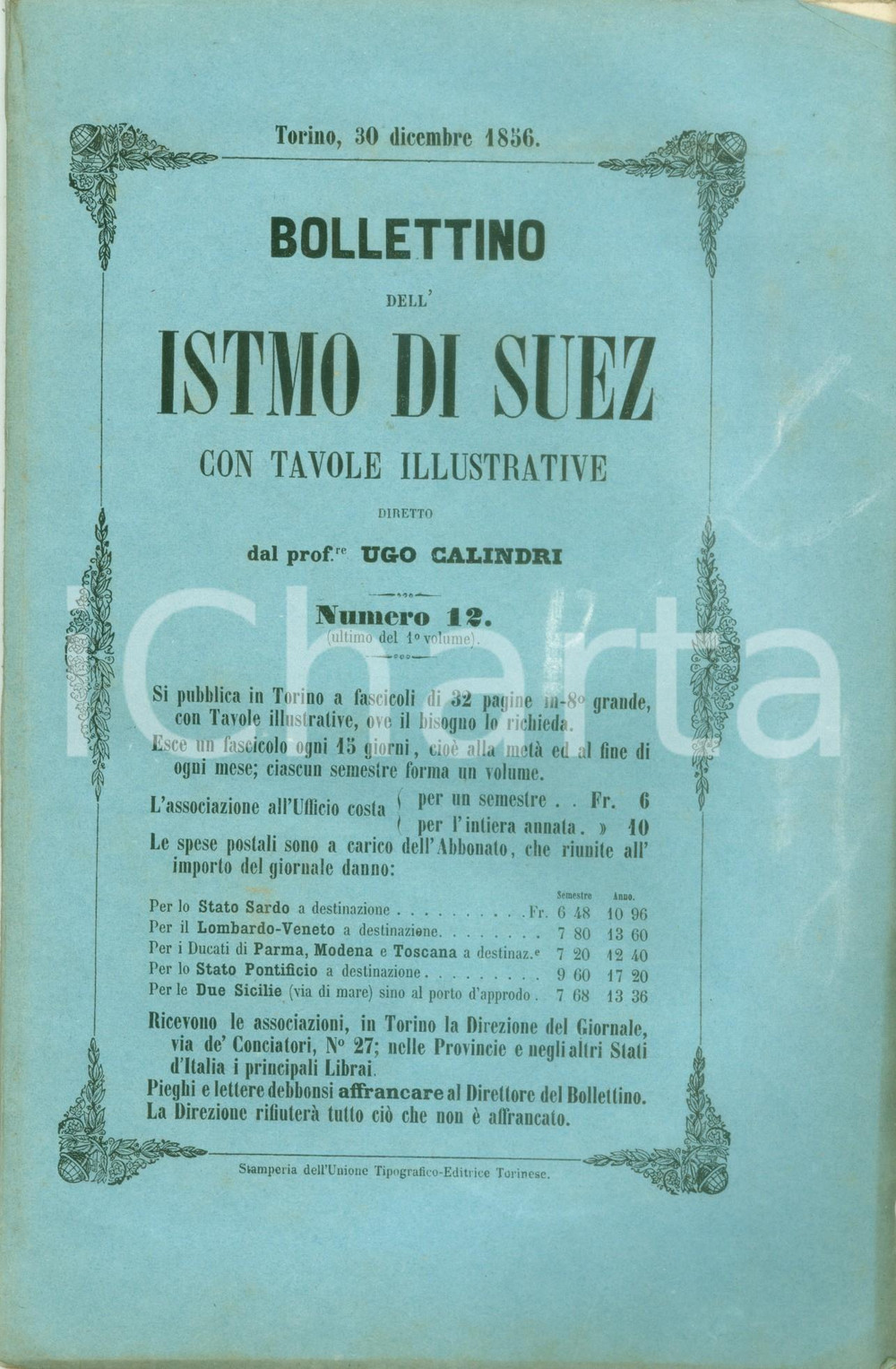 Giornale, rivista storica 1856 BOLLETTINO DELL ISTMO DI SUEZ 12 Bosforo di SUEZ e ferrovia di SAVONA 1