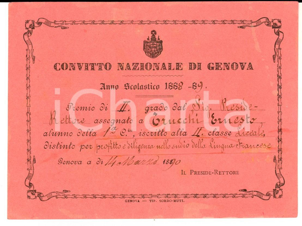 Documento originale, autentico 1890 GENOVA Convitto Nazionale  Premio di profitto a Ernesto TRUCCHI Biglietto 1