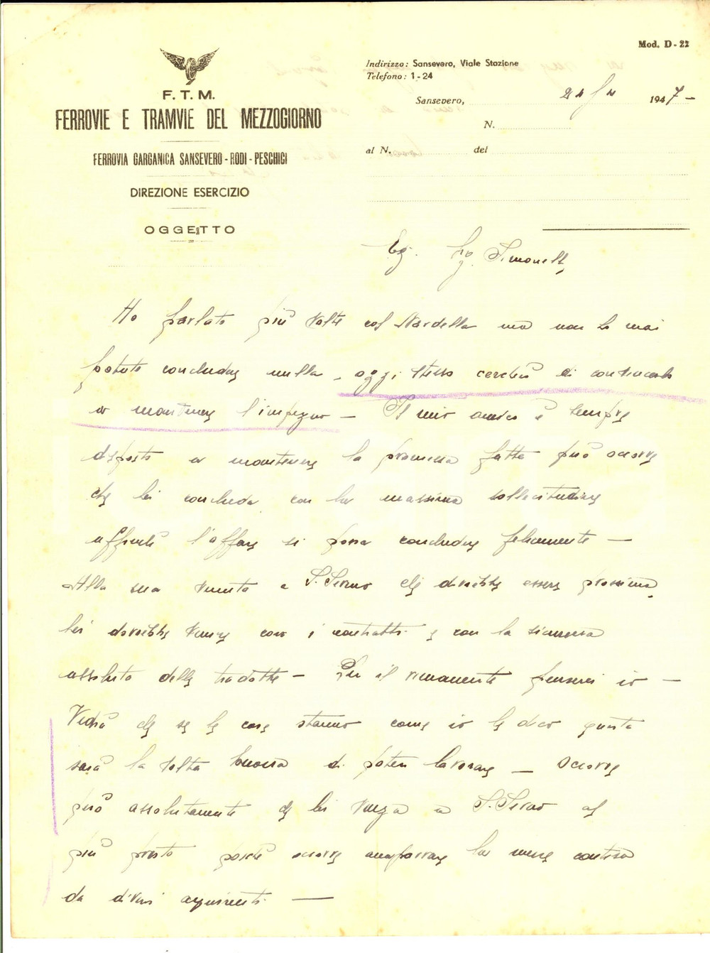 Manoscritto, lettera originale 1947 SAN SEVERO FG Lettera funzionario FTM Ferrovia GARGANICA RODIPESCHICI 1