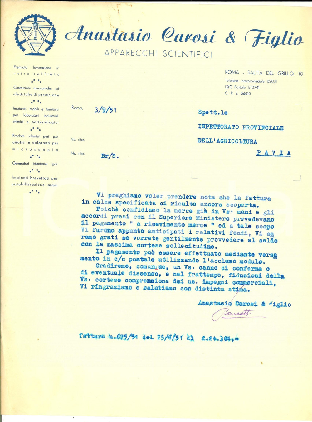 Manoscritto, lettera originale 1951 ROMA Ditta Anastasio CAROSI & Figlio Apparecchi scientifici Lettera 1