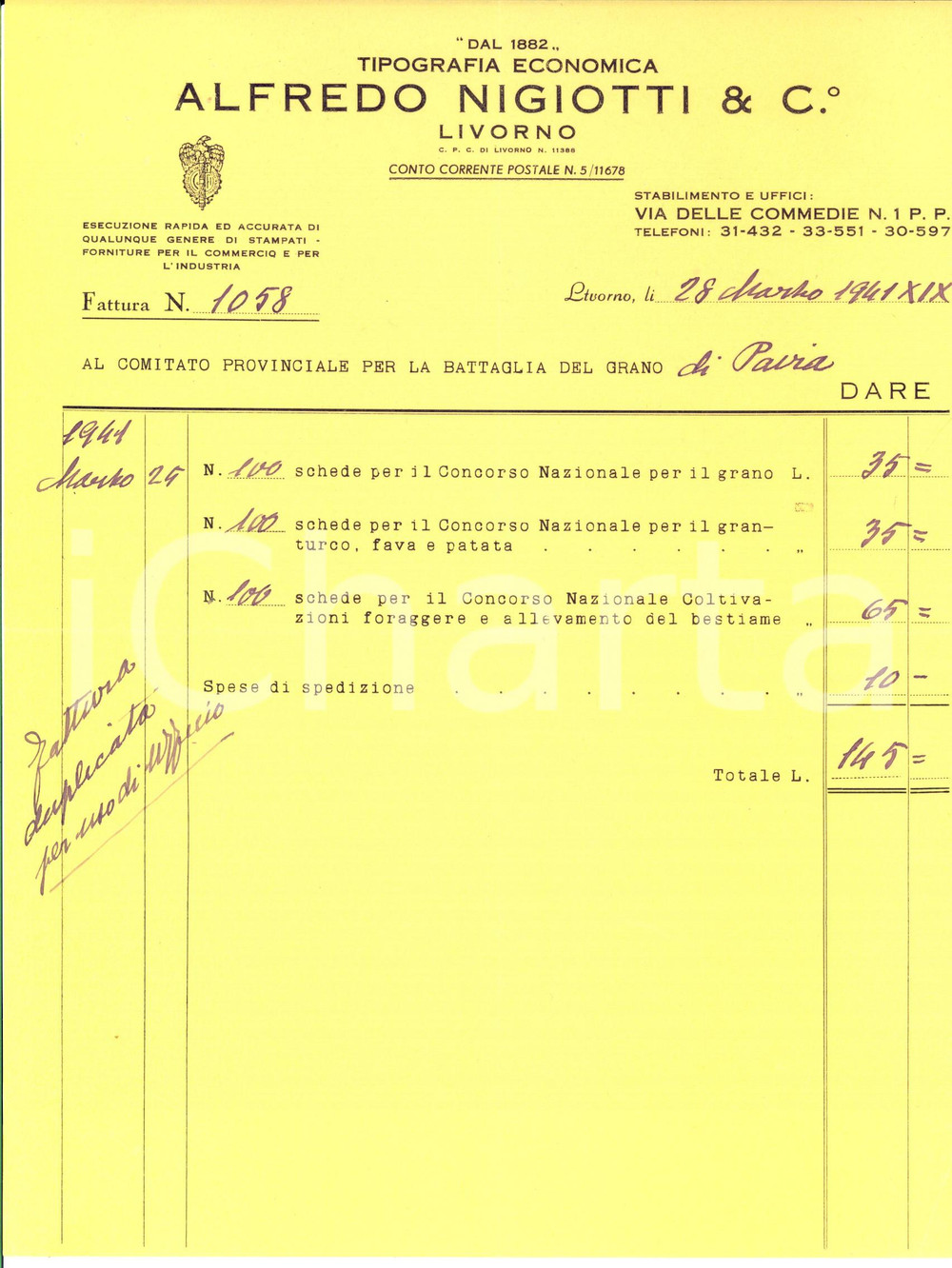 Documento originale, autentico 1941 LIVORNO Tipografia ALFREDO NIGIOTTI & C. per la battaglia del grano 1