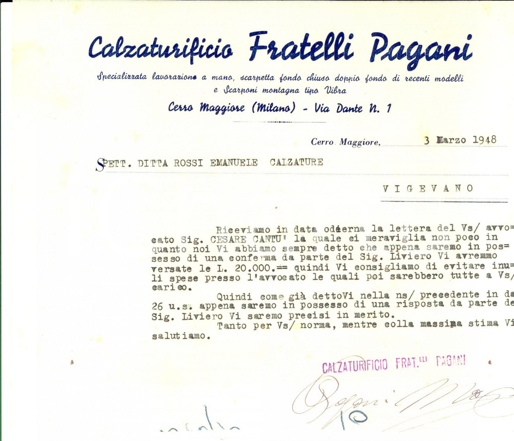 Documento originale, autentico 1948 CERRO MAGGIORE MI Calzaturificio FRATELLI PAGANI promette un pagamento 1
