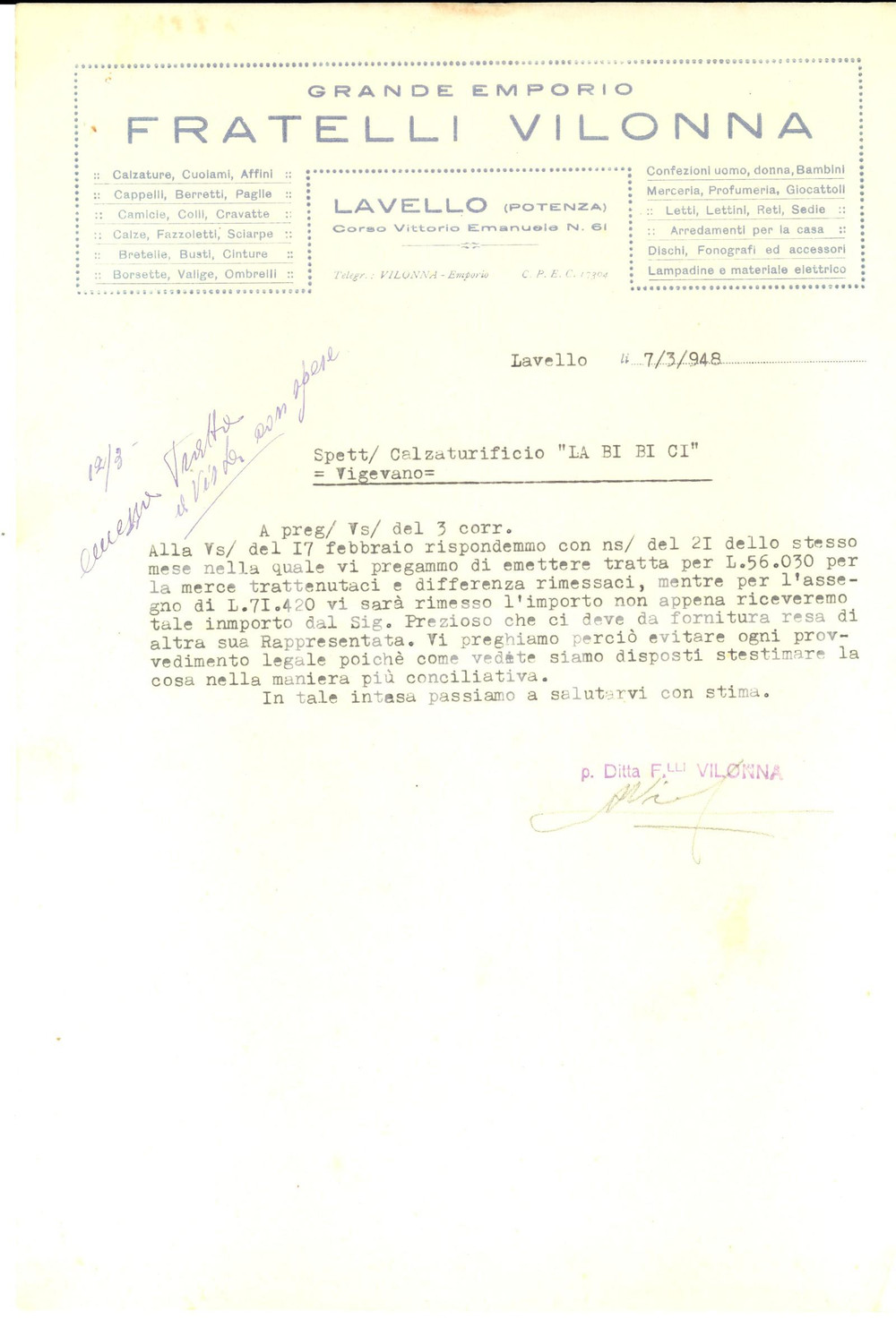 Documento originale, autentico 1948 LAVELLO PZ Grande Emporio FRATELLI VILONNA promette di saldare la merce 1