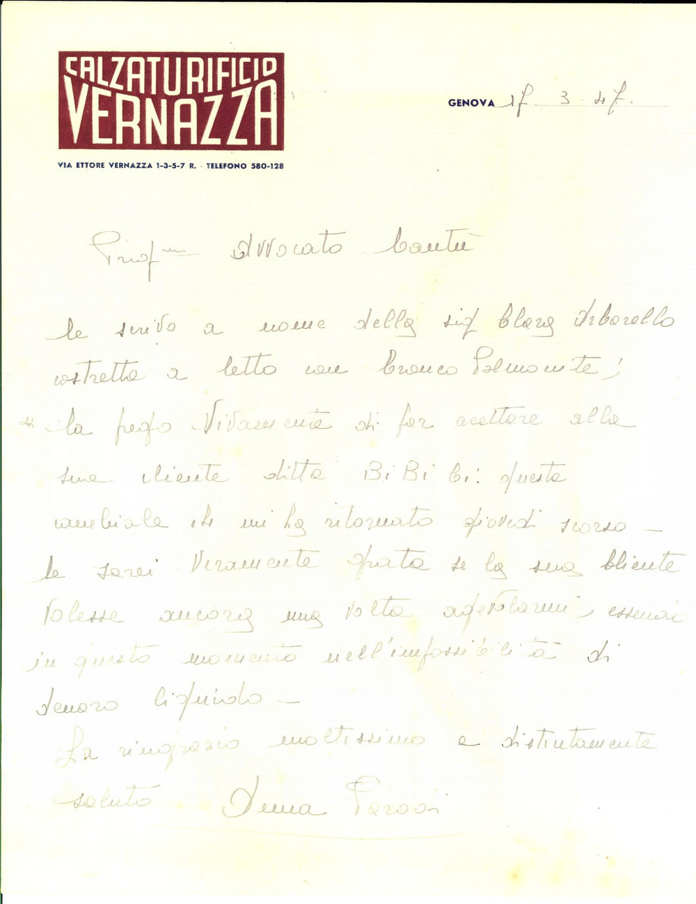 Manoscritto, lettera originale 1947 GENOVA Calzaturificio VERNAZZA pro ditta BI. BI. CI. Carta intestata 1