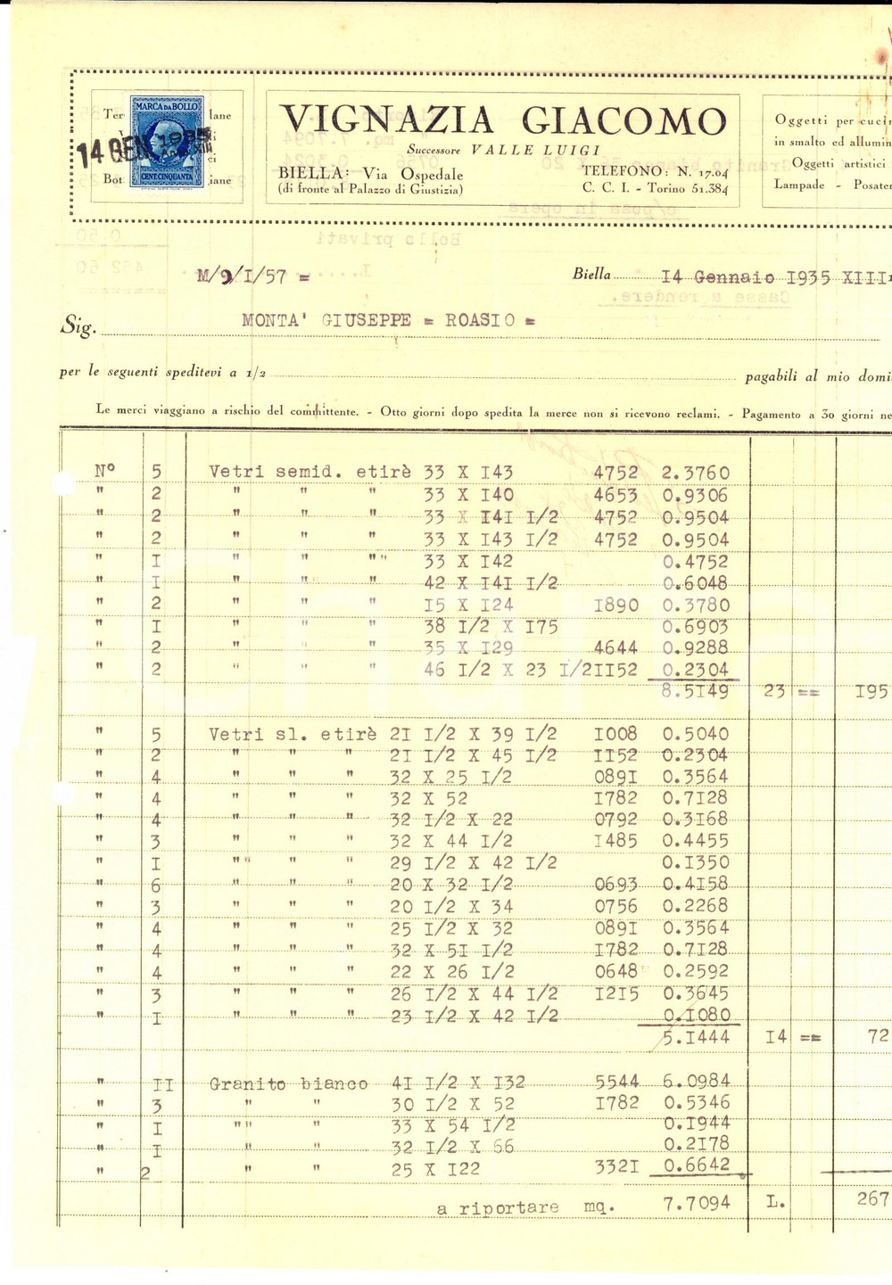 Documento originale, autentico 1935 BIELLA Ditta Giacomo VIGNAZIA successore VALLE Luigi Fattura vetri 1
