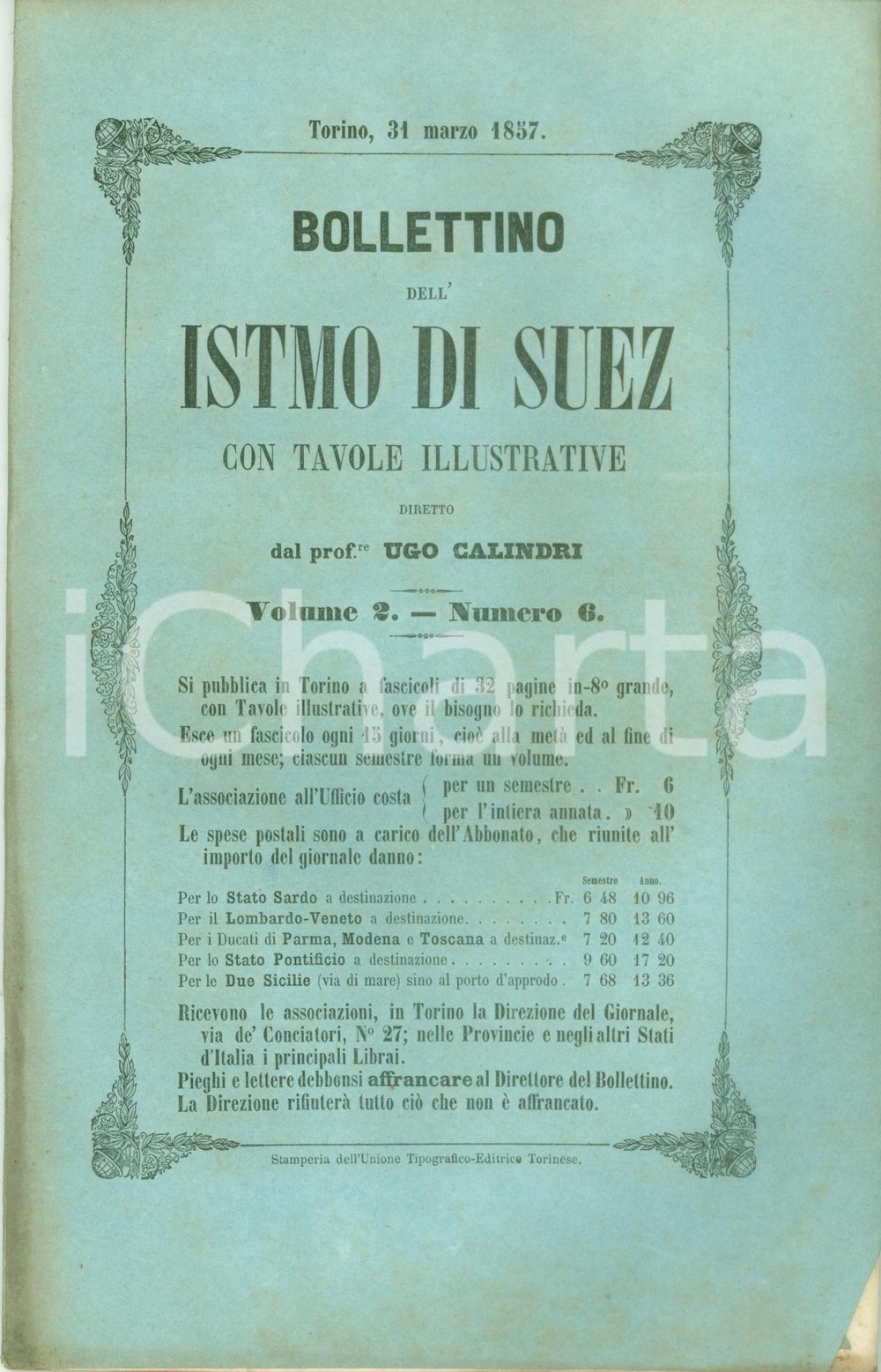 Giornale, rivista storica 1857 BOLLETTINO DELL ISTMO DI SUEZ 6 Seconda ferrovia TORINO  MEDITERRANEO 1