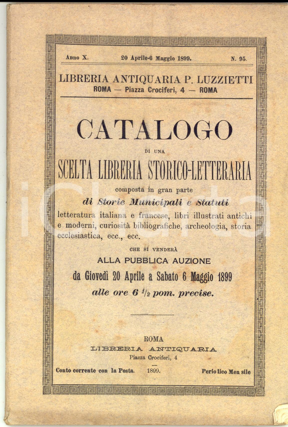Libro, pubblicazione d epoca 1899 ROMA Pio LUZZIETTI Catalogo libreria di storie municipali e statuti 1