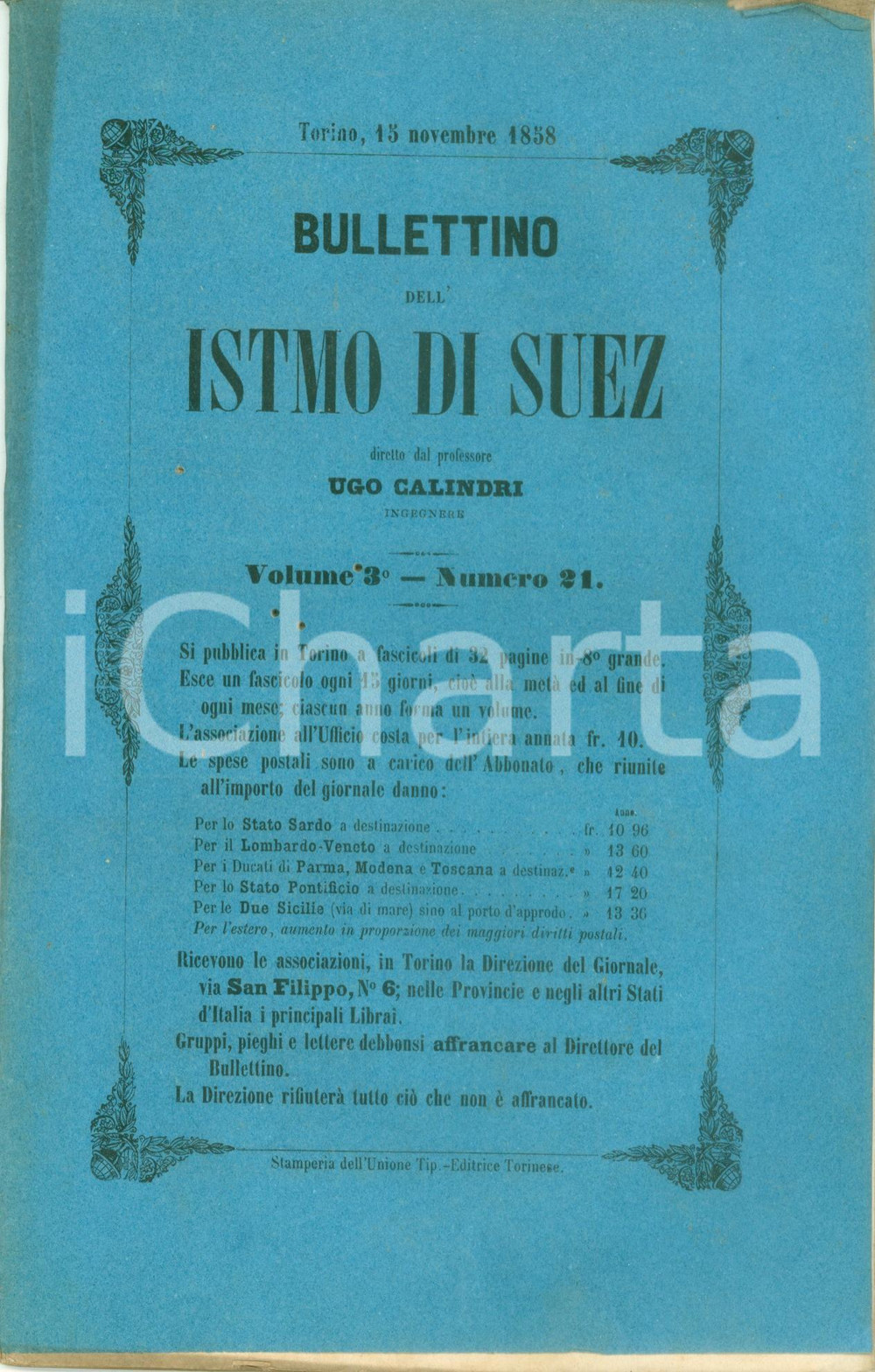 Giornale, rivista storica 1858 BOLLETTINO DELL ISTMO DI SUEZ 21 Sottoscrizione azioni per il Bosforo 1