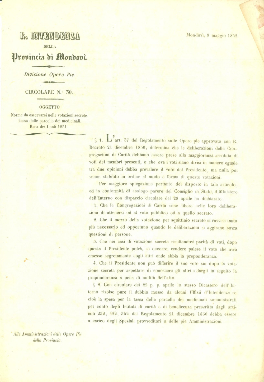 Documento originale, autentico 1852 MONDOVI  CN Votazioni segrete per le Congregazioni di CaritÃ  Documento 1