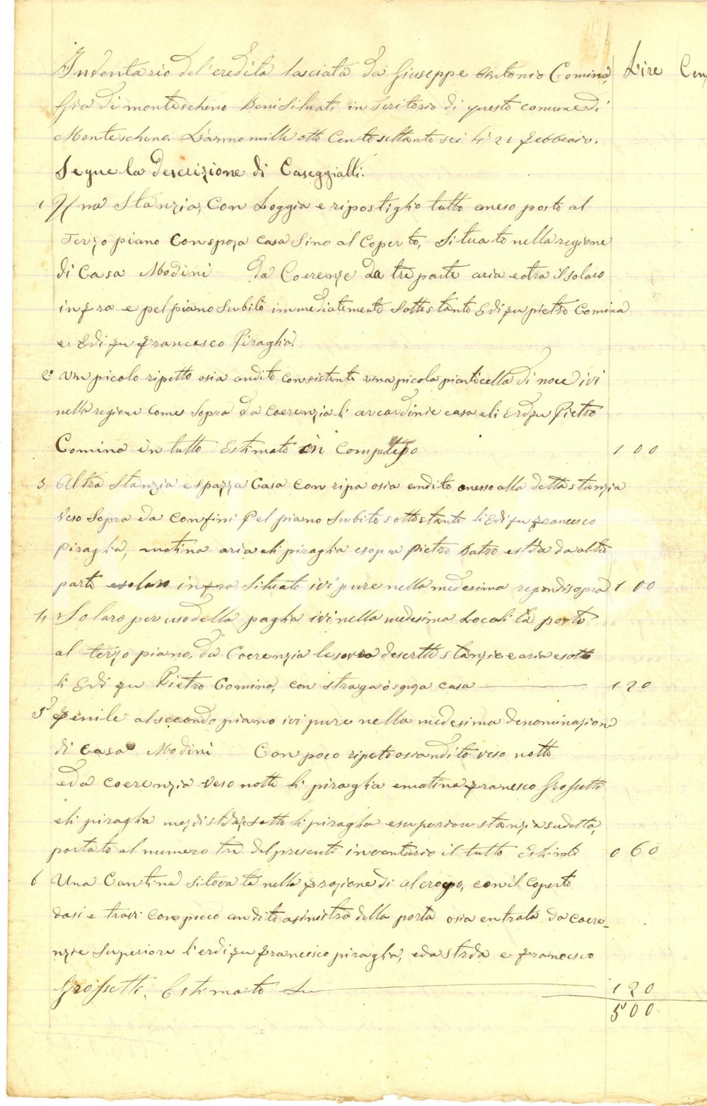 Documento originale, autentico 1876 MONTESCHENO VB Inventario dei beni stabili del fu Giuseppe Antonio COMINA 1