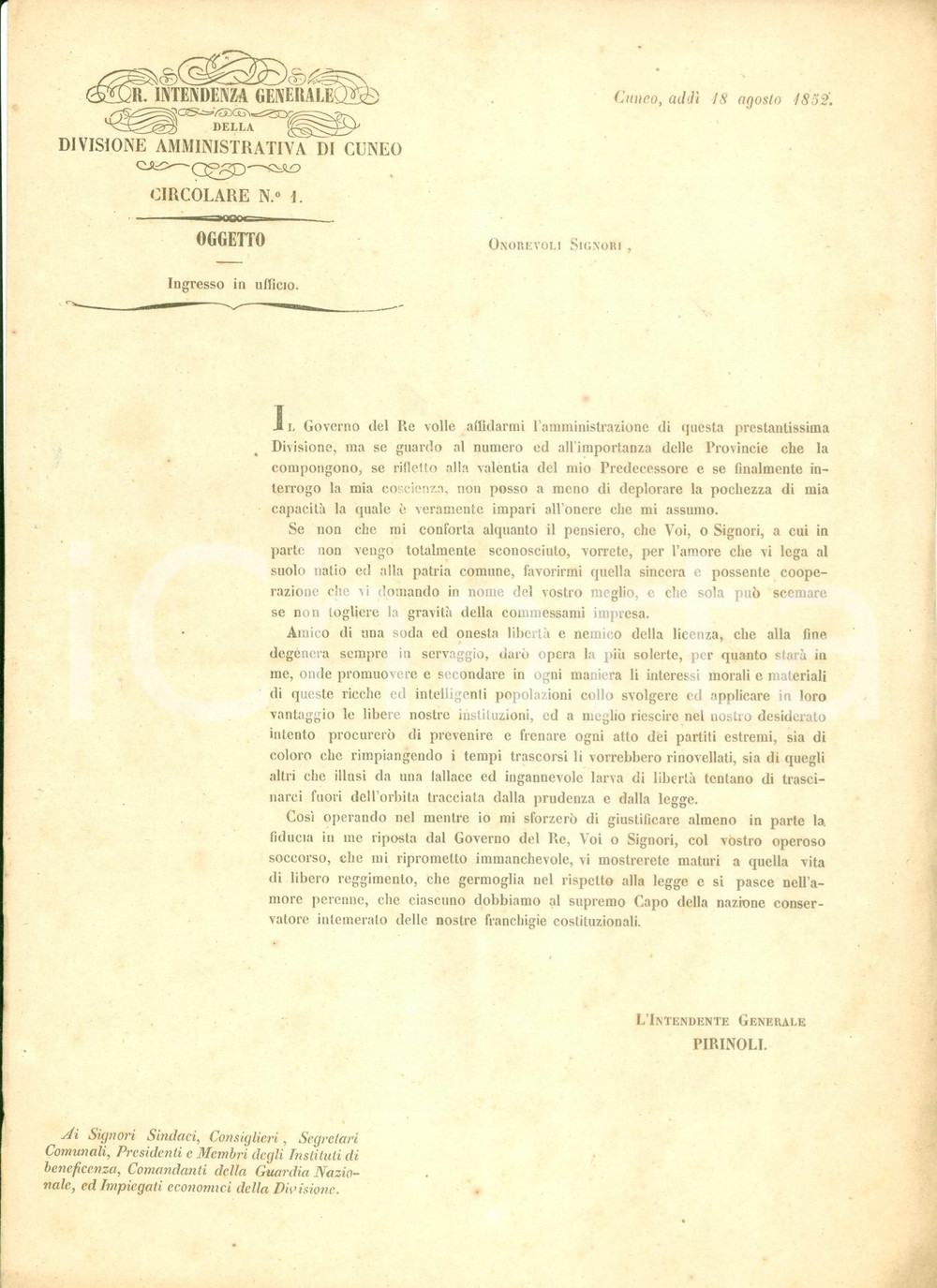 Documento originale, autentico 1852 CUNEO Intendente Giuseppe PIRINOLI inaugura il suo nuovo incarico 1