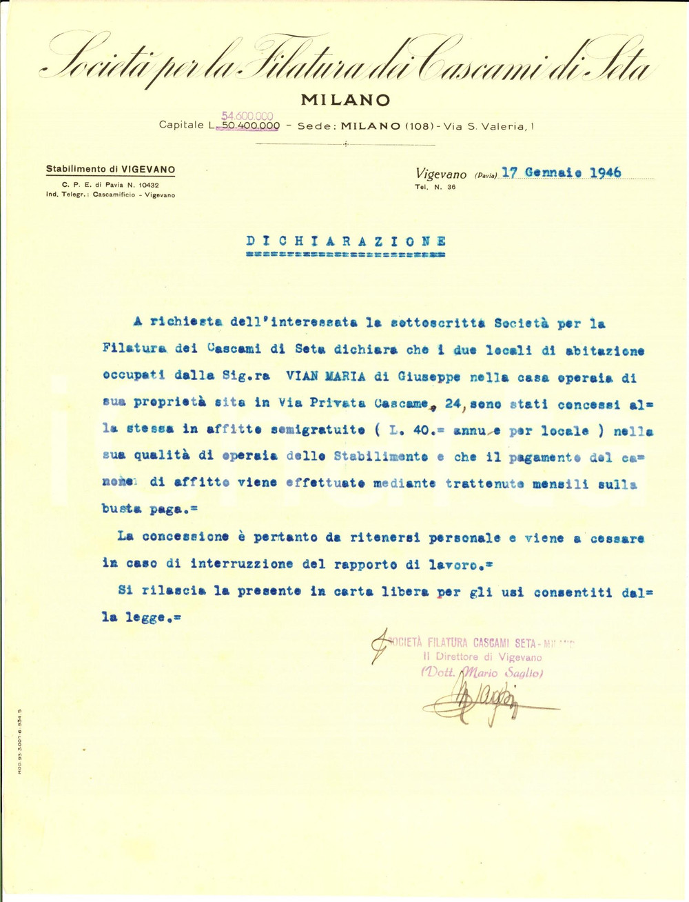 Manoscritto, lettera originale 1946 MILANO SocietÃ  Filatura dei Cascami di Seta affitta casa a Maria VIAN 1