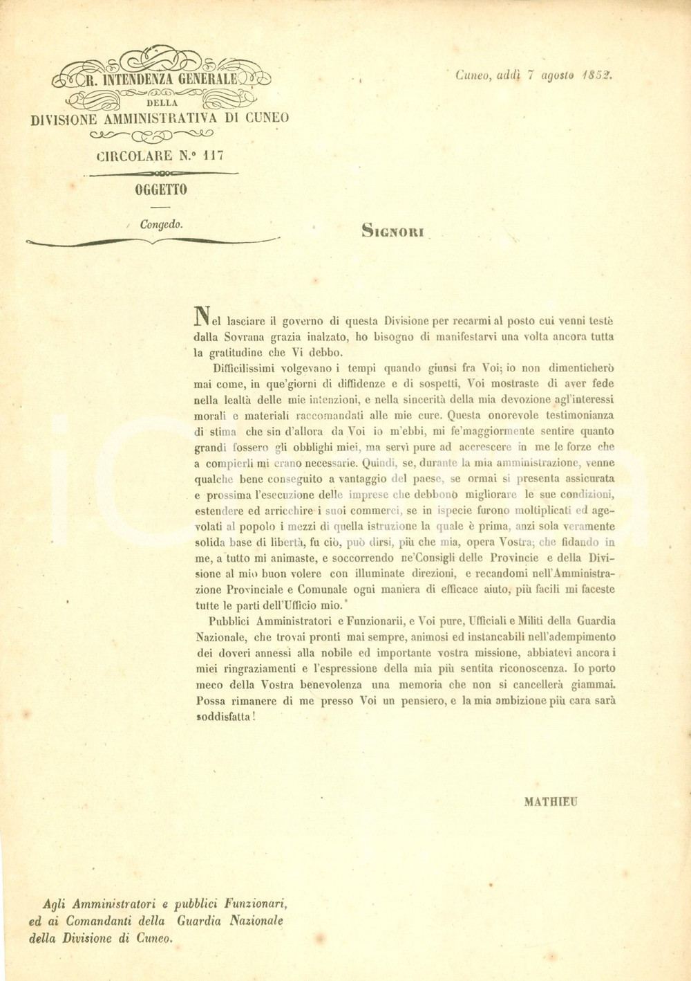 Documento originale, autentico 1852 CUNEO Intendente Generale MATHIEU lascia il proprio incarico Documento 1