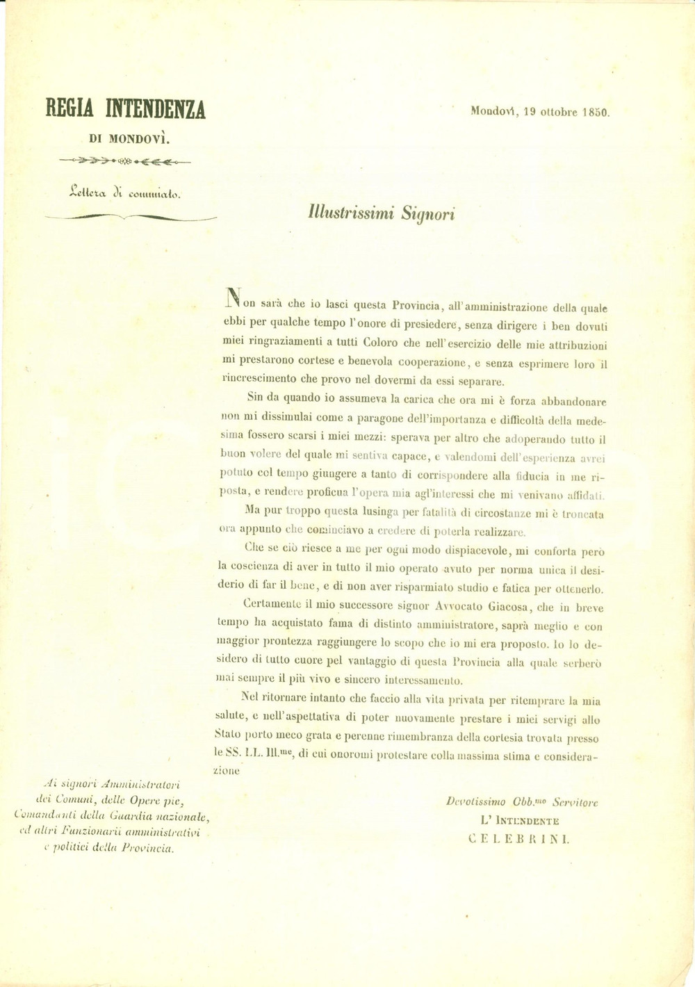 Documento originale, autentico 1850 MONDOVI  CN Intendente Generale CELEBRINI lascia il proprio incarico 1