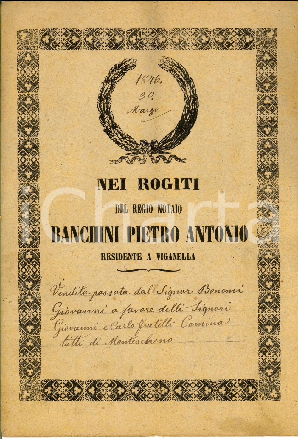 Documento originale, autentico 1876 MONTESCHENO VB Giovanni BONOMI vende stabili ai fratelli COMINA 1