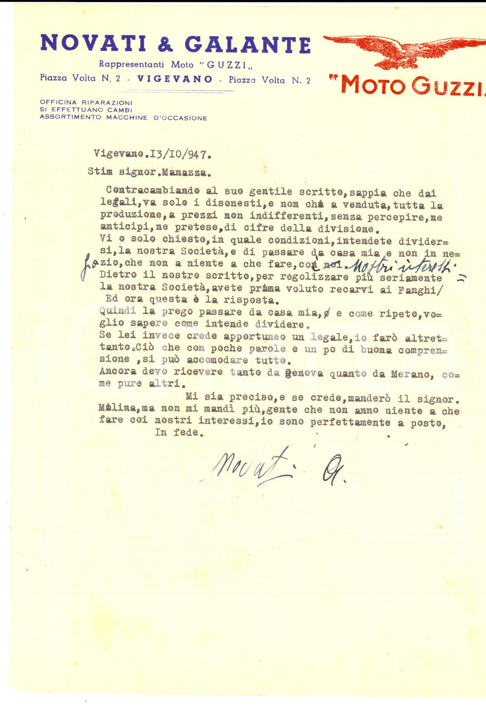 Manoscritto, lettera originale 1947 VIGEVANO PV Lettera NOVATI & GALANTE rappresentanti MOTO GUZZI per causa 1