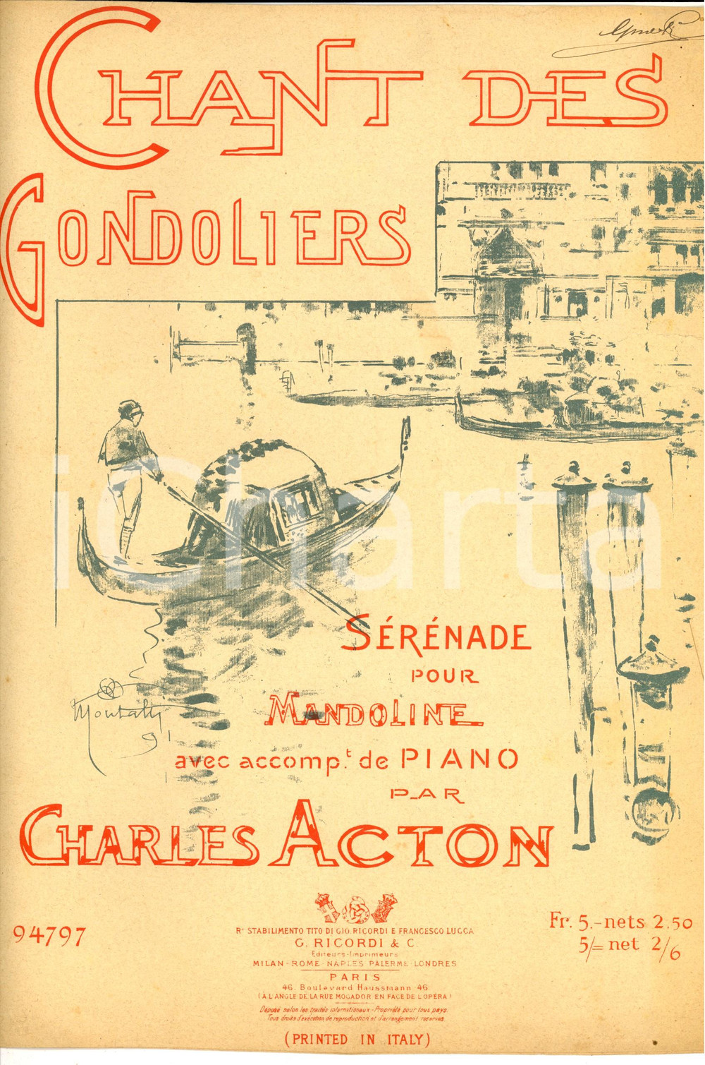 Oggetto da collezione cartaceo 1893 Charles ACTON Chant des gondoliers  Serenata Ill. MONTALTI Ed. RICORDI 1