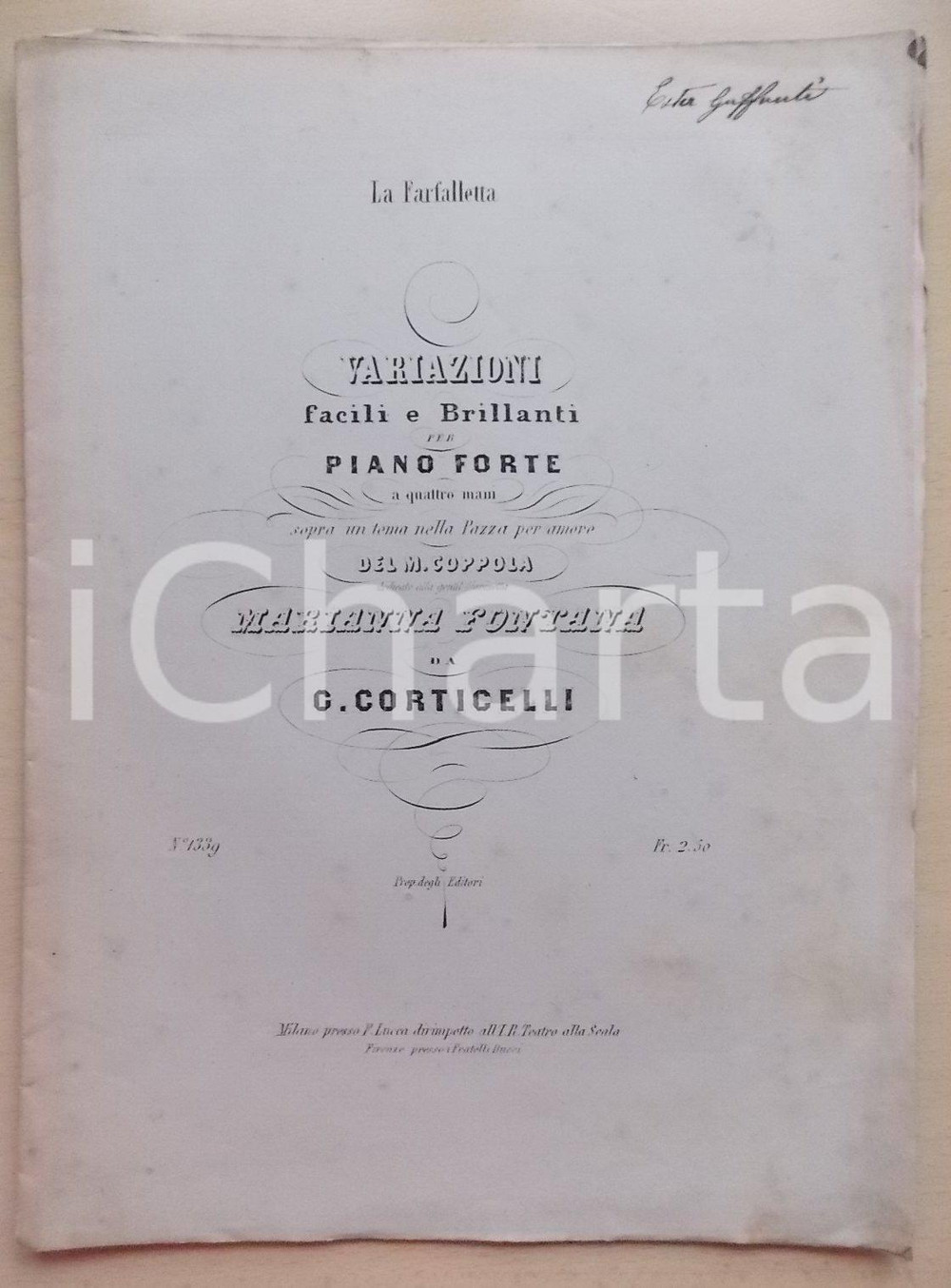 Oggetto da collezione cartaceo 1890 ca Gaetano CORTICELLI La farfalletta  Variazioni brillanti per pianoforte 1