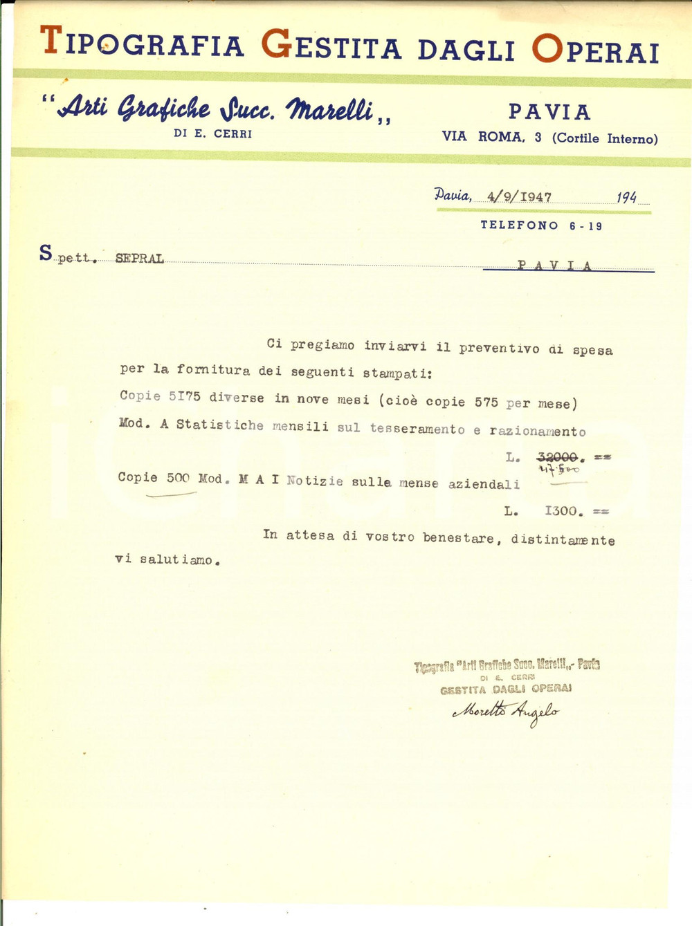 Documento originale, autentico 1947 PAVIA Tipografia gestita dagli operai succ. MARELLI Preventivo 1