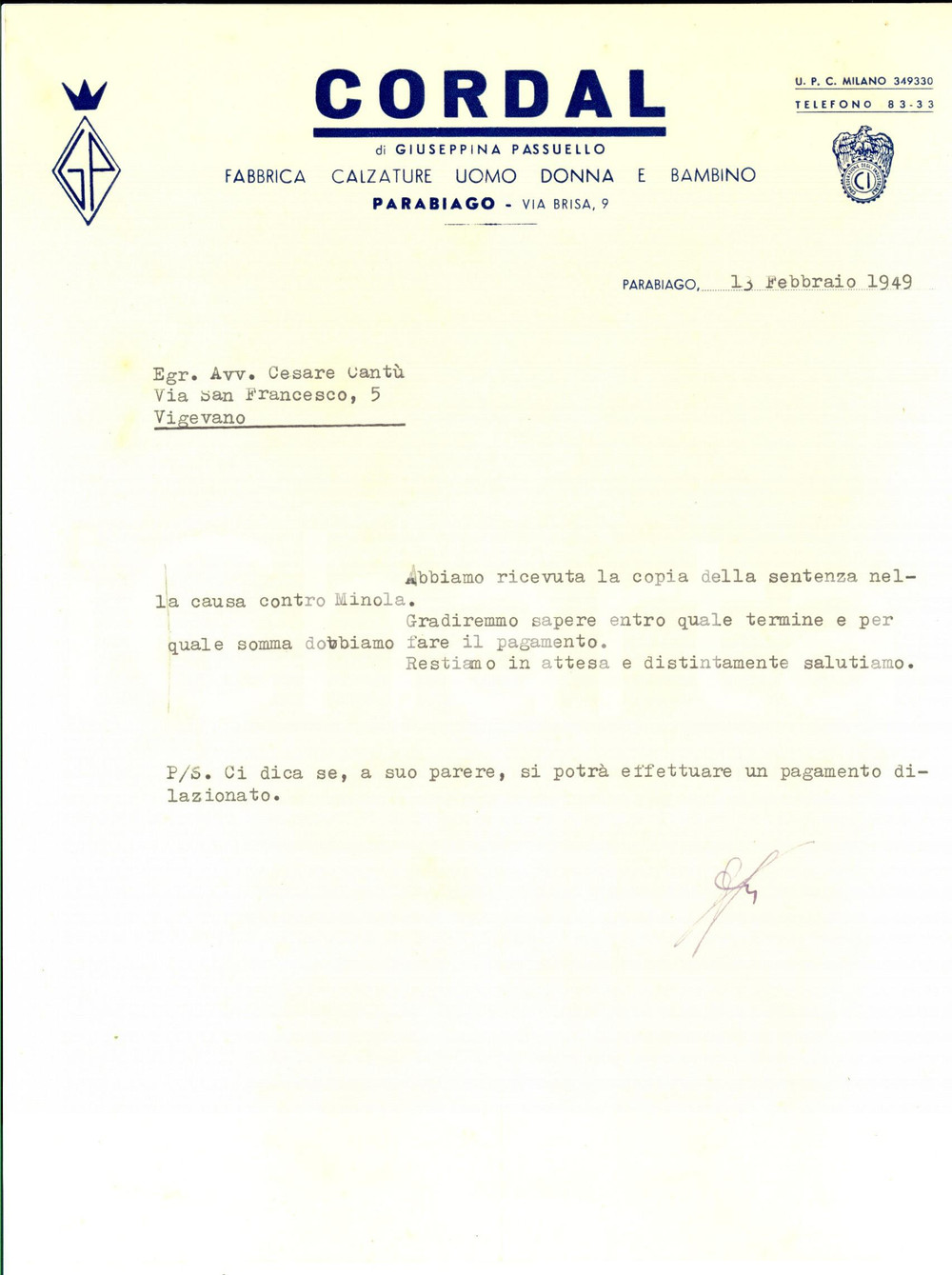 Manoscritto, lettera originale 1949 PARABIAGO MI Fabbrica calzature CORDAL  Lettera per sentenza 1
