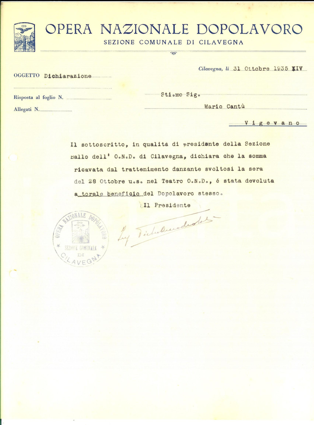 Documento originale, autentico 1935 OND CILAVEGNA PV Serate a beneficio del dopolavoro Ing. Pietro OMODEO 1