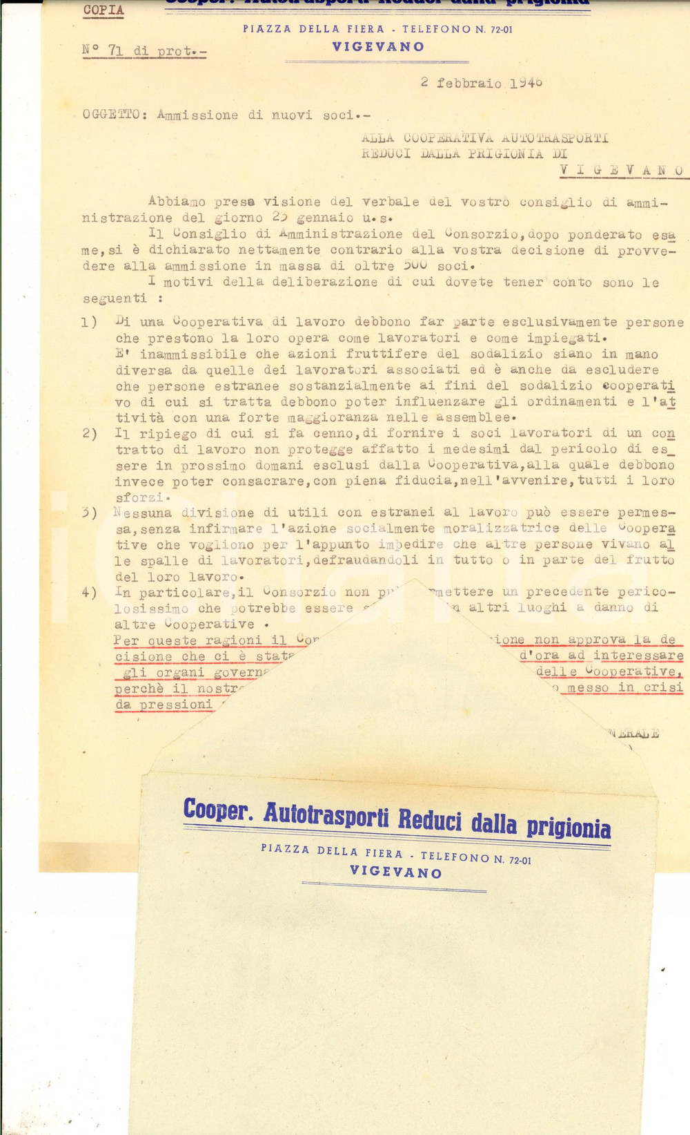 Documento originale, autentico 1946 VIGEVANO Cooperativa Autotrasporti Reduci dalla Prigionia sui nuovi soci 1
