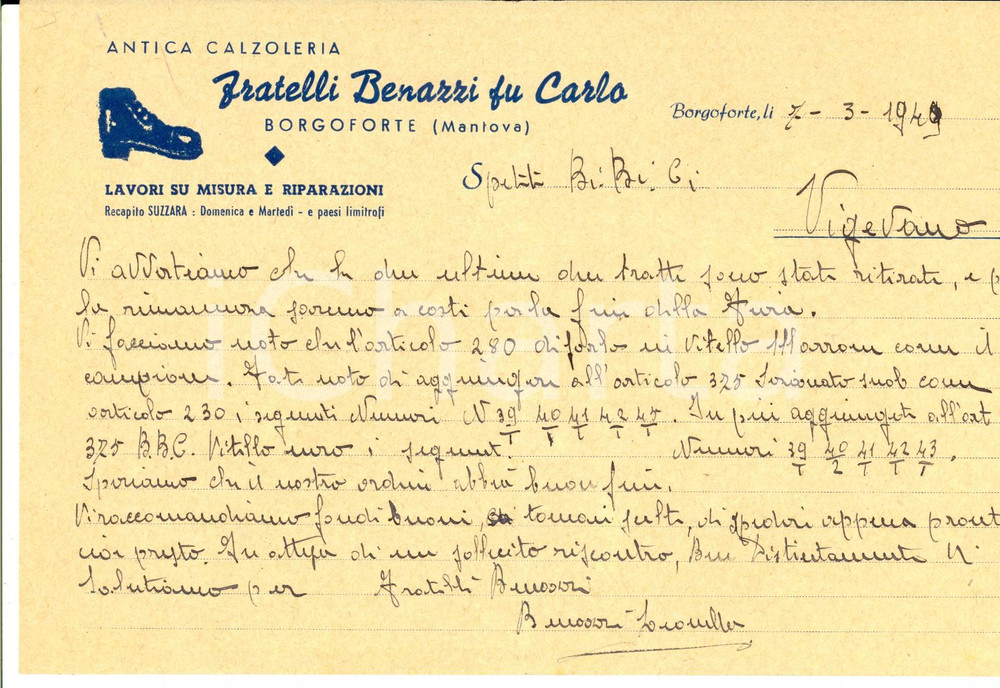 Manoscritto, lettera originale 1949 BORGOFORTE MN Ditta Fratelli BENAZZI su un ordine di calzature Lettera 1