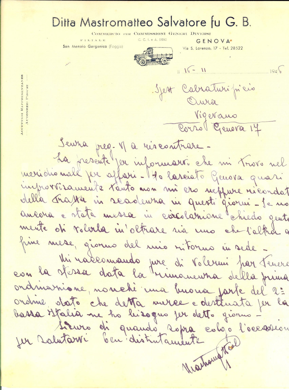 Manoscritto, lettera originale 1946 GENOVA Ditta MASTROMATTEO Salvatore commercio per commissioni Lettera 1