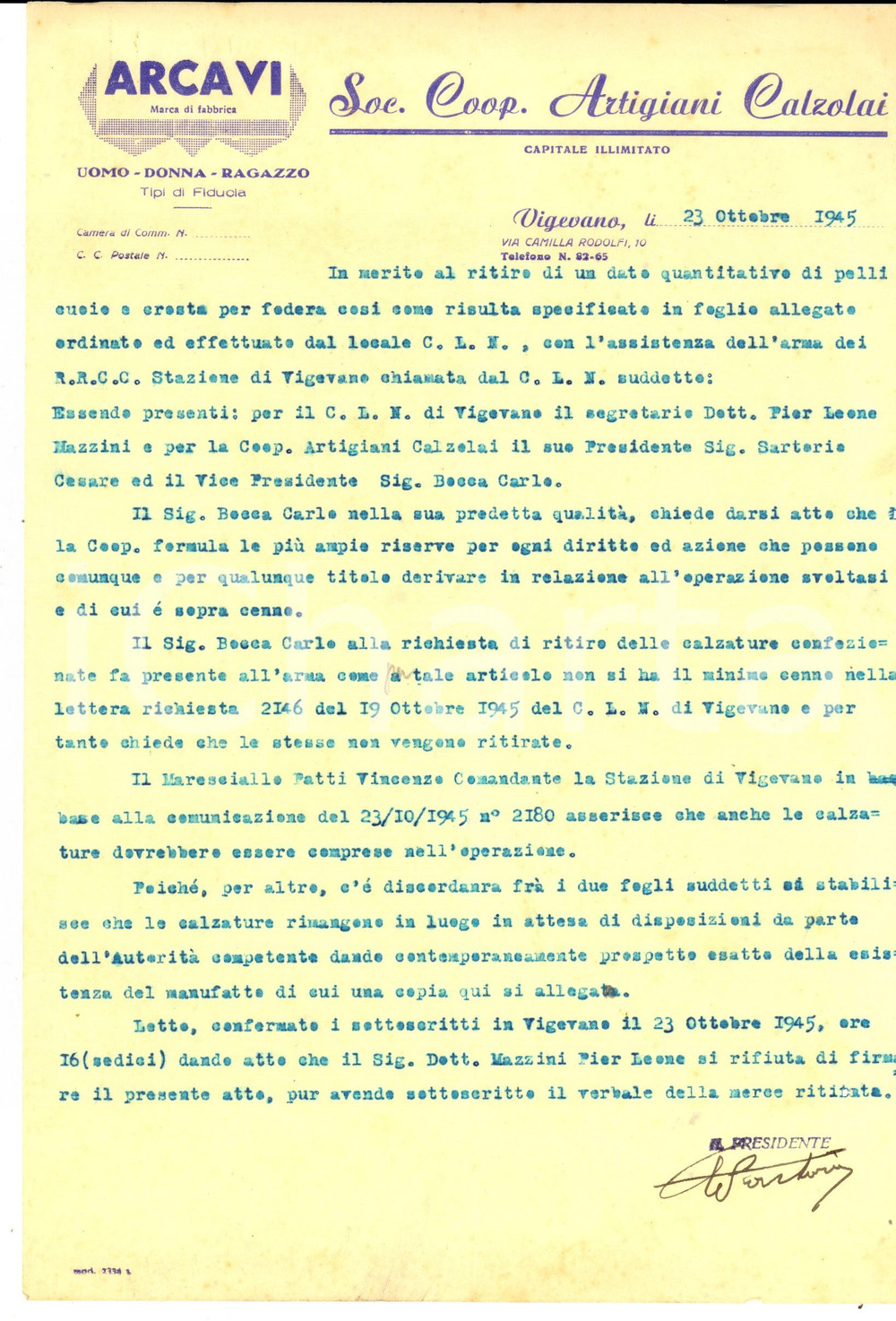 Manoscritto, lettera originale 1945 VIGEVANO PV SocietÃ  Cooperativa Artigiani Calzolai su scarpe per il CLN 1