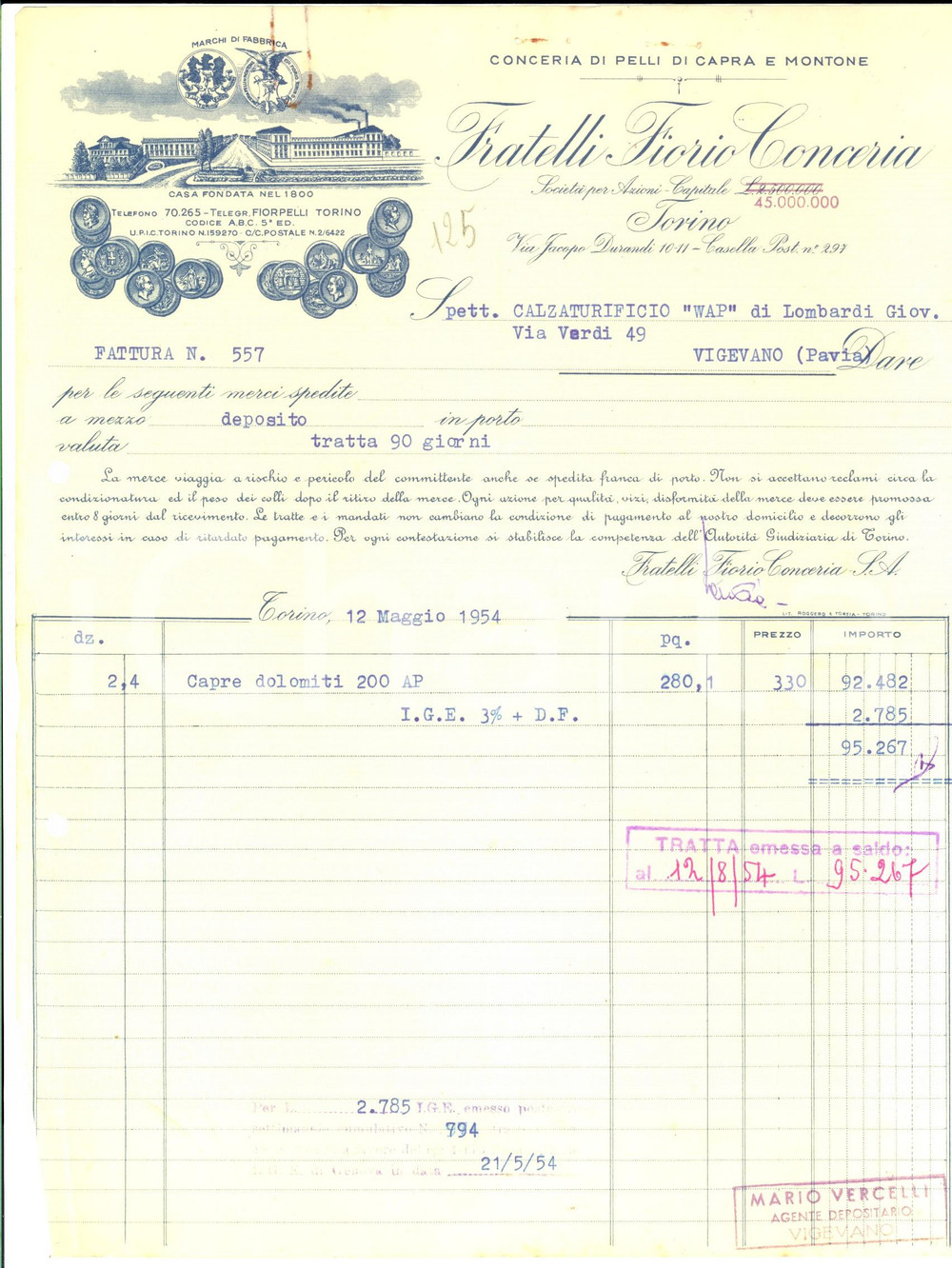 Manoscritto, lettera originale 1954 TORINO Ditta FRATELLI FIORIO conceria Fattura per pelli capre Dolomiti 1