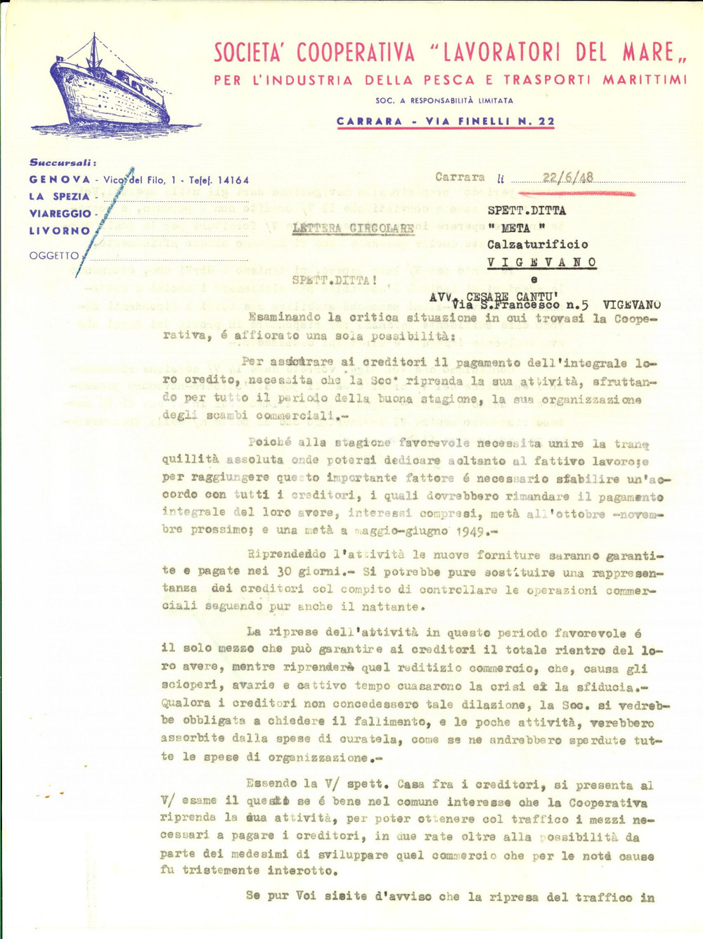 Manoscritto, lettera originale 1948 CARRARA Società Cooperativa Lavoratori Del Mare a rischio fallimento 1