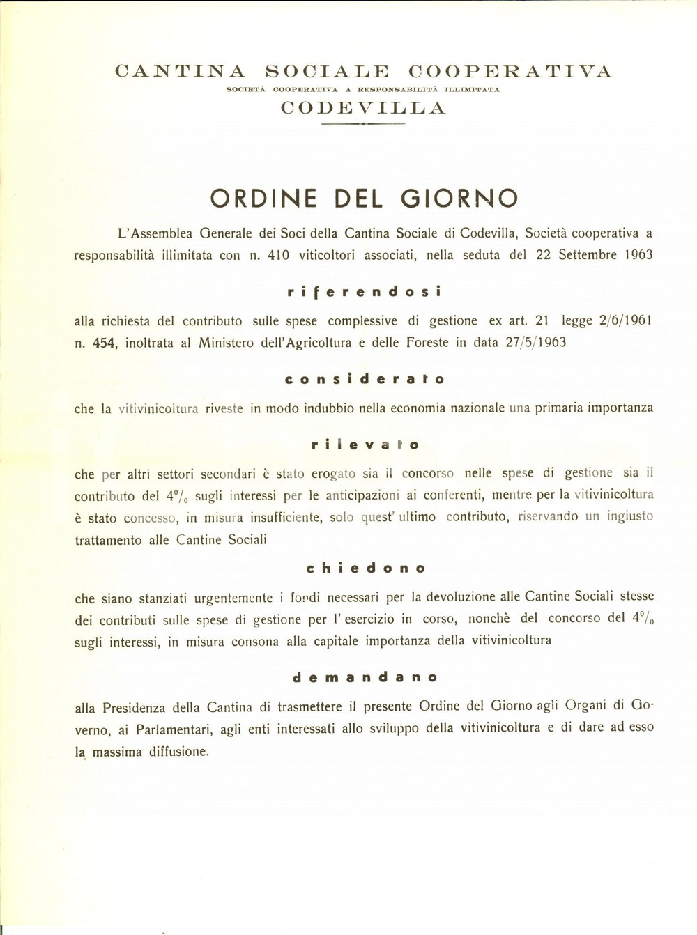 Documento originale, autentico 1963 CODEVILLA PV CANTINA SOCIALE COOPERATIVA Ordine del giorno assemblea 1