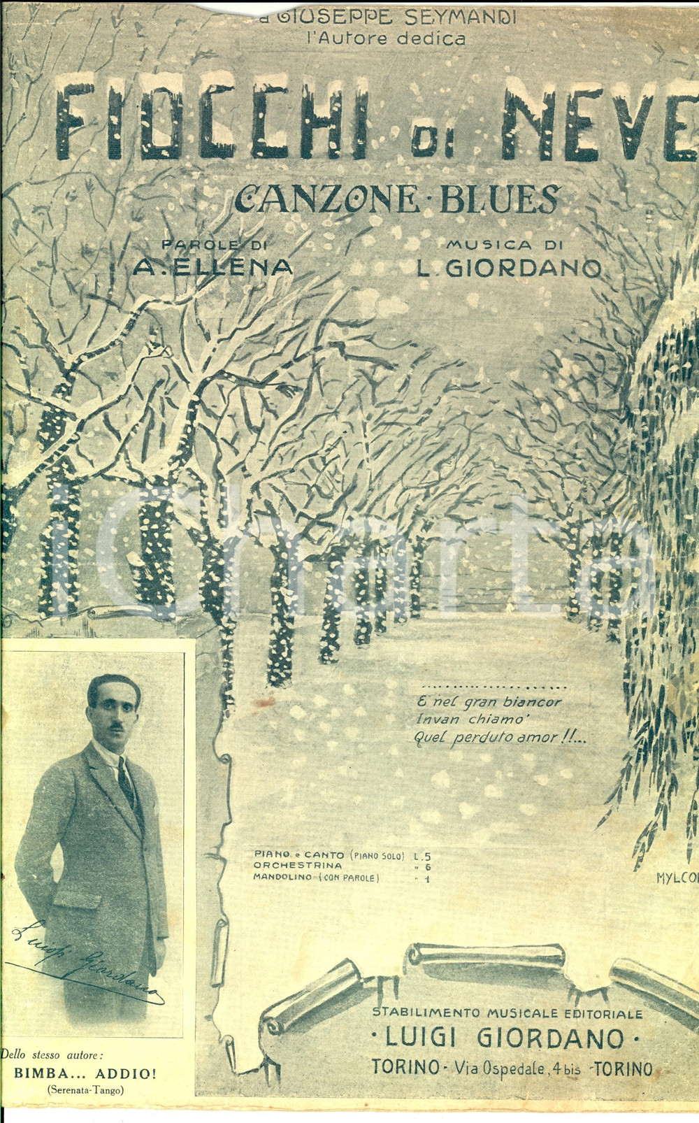 Oggetto da collezione cartaceo 1910 ca ELLENA  GIORDANO Fiocchi di neve  Blues Spartito DANNEGGIATO 1