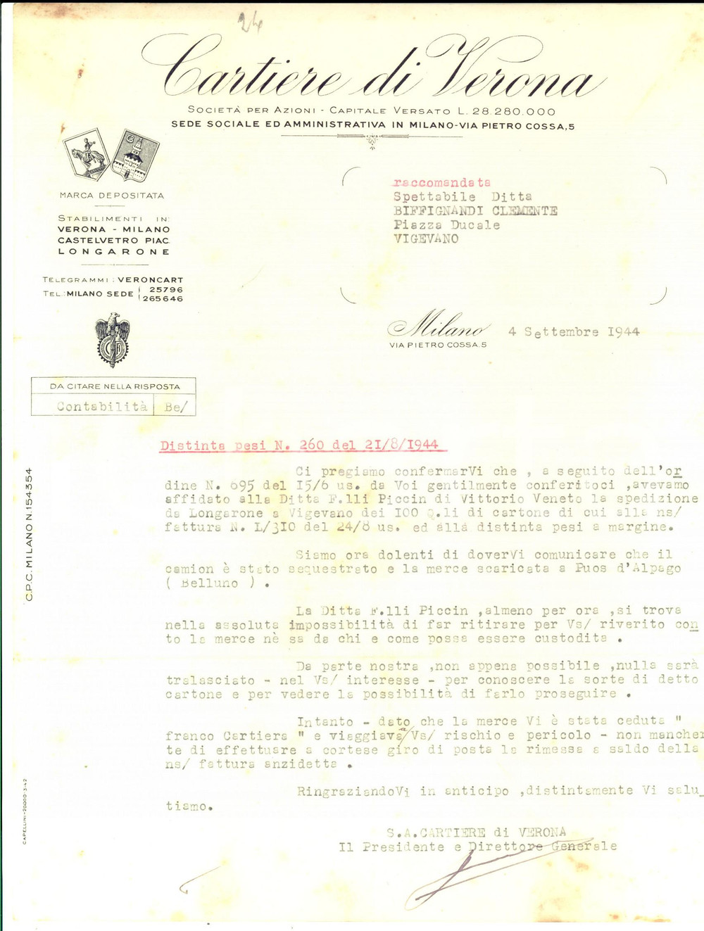 Documento originale, autentico 1944 WW2 RSI PUOS D ALPAGO BL Partigiani assaltano camion CARTIERE DI VERONA 1