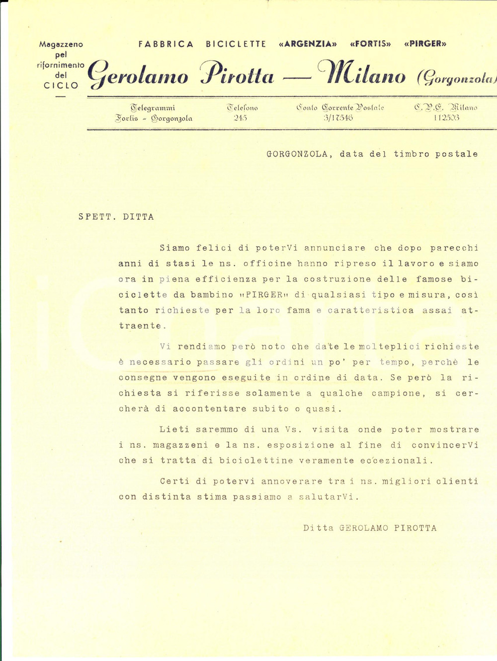 Documento originale, autentico 1946 GORGONZOLA MI Gerolamo PIROTTA riprende produzione biciclette PIRGER 1