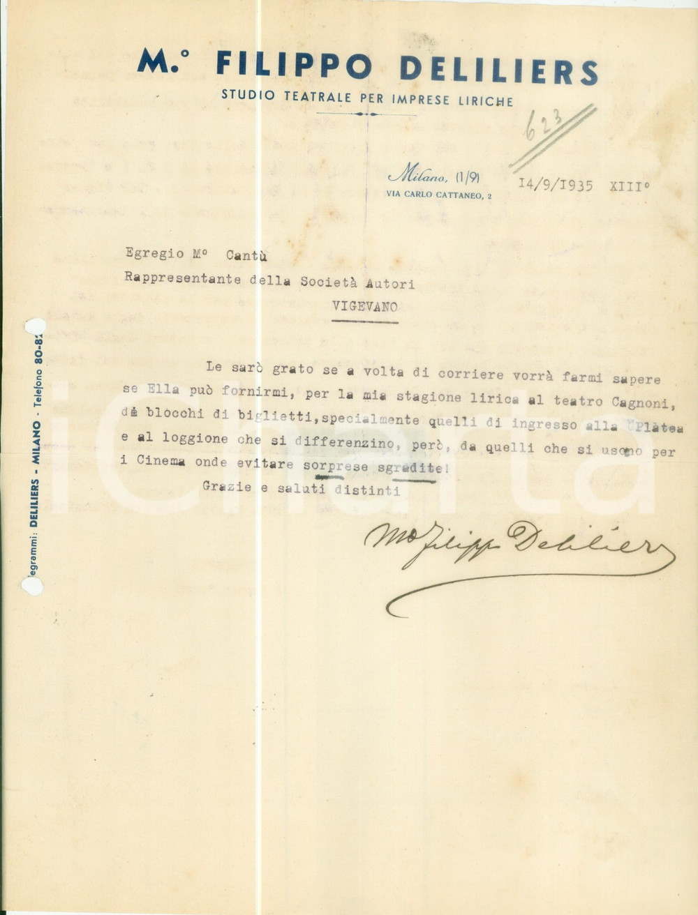 Documento originale, autentico 1935 MILANO Filippo DELILIERS chiede biglietti per teatro CAGNONI Autografo 1
