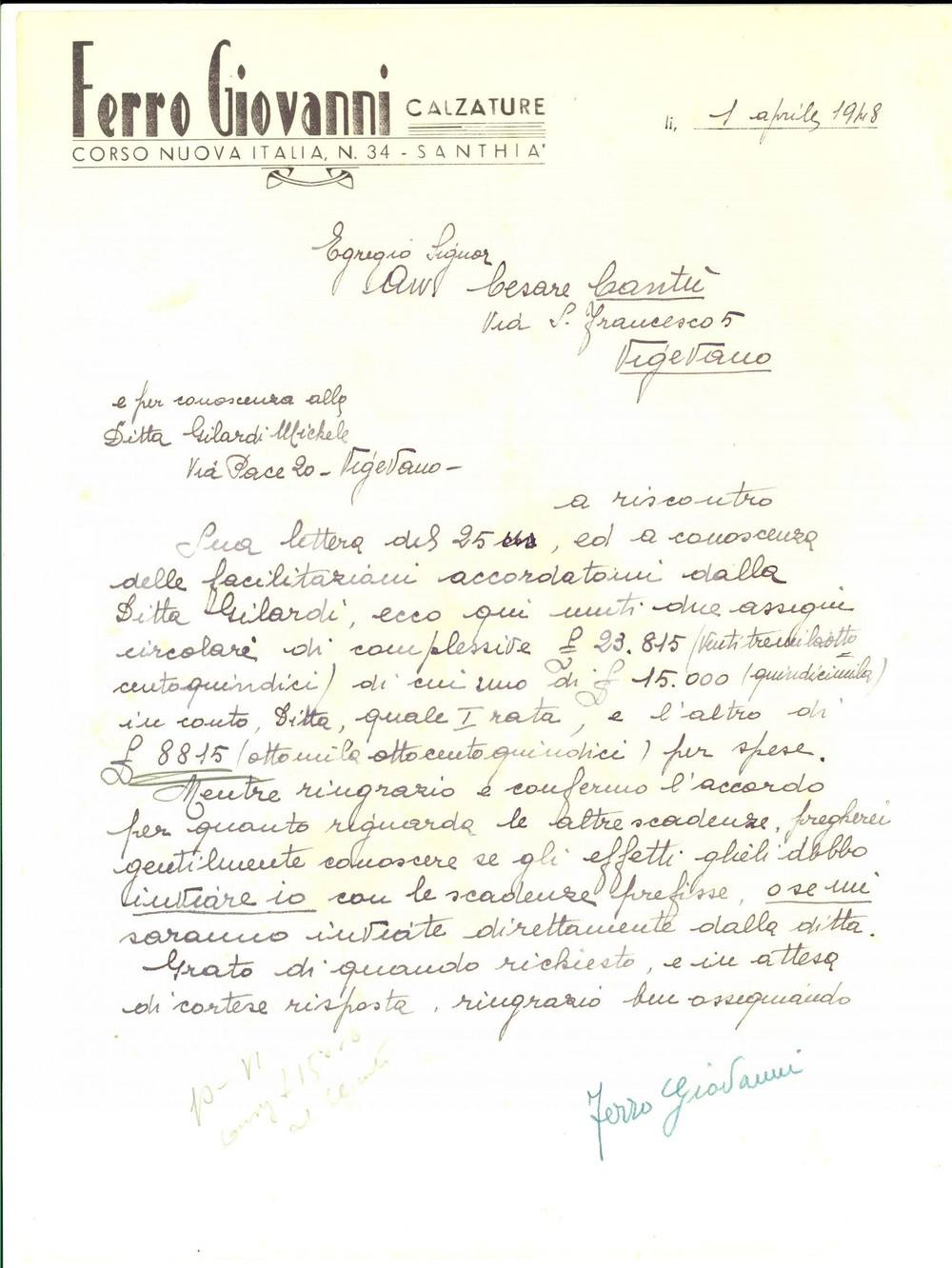 Manoscritto, lettera originale 1948 SANTHIA  VC Giovanni FERRO calzature sulle scadenze contabili Lettera 1