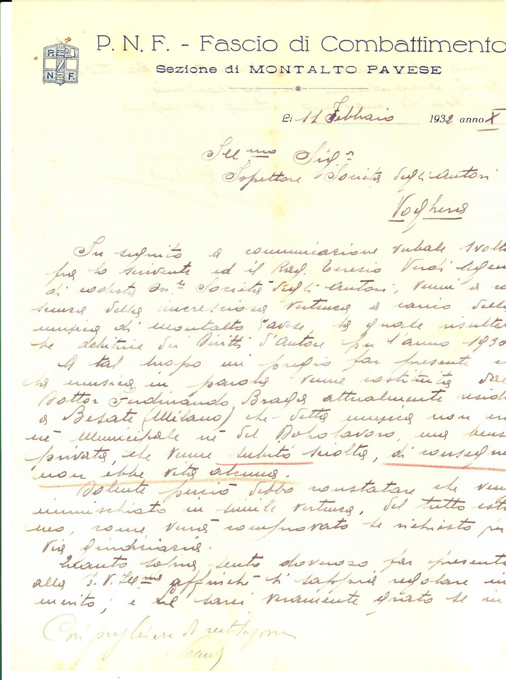 Documento originale, autentico 1932 PNF MONTALTO PAVESE PodestÃ  BELCREDI in difesa di Ferdinando BRAGA 1