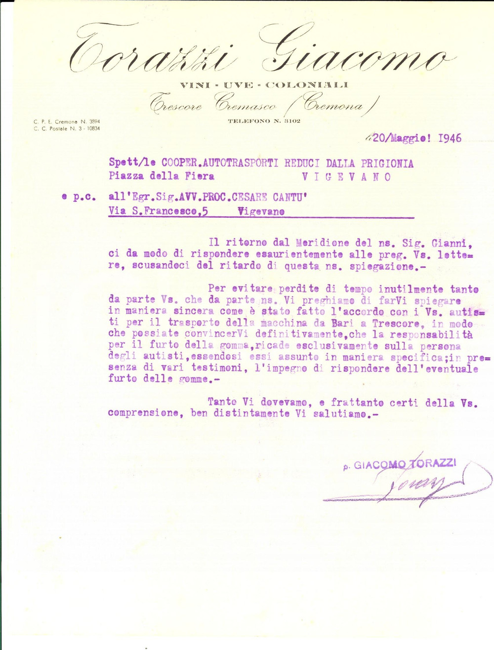 Documento originale, autentico 1946 TRESCORE CREMASCO Giacomo TORAZZI vini  Furto delle gomme di un camion 1