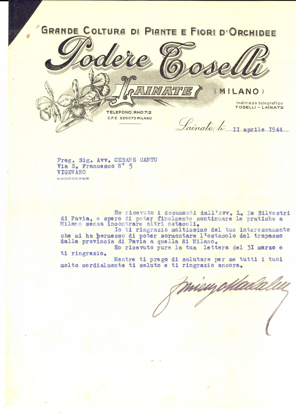 Manoscritto, lettera originale 1944 WW2 LAINATE MI Lettera Podere TOSELLI  Piante e fiori d orchidee 1