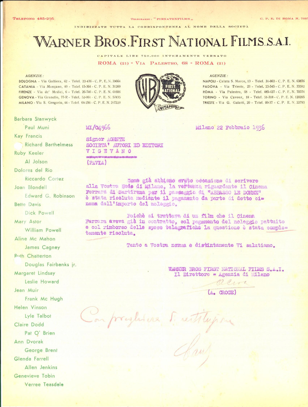 Documento originale, autentico 1936 SARTIRANA LOMELLINA PV WARNER BROS sulla proiezione di  Abbasso le donne 1