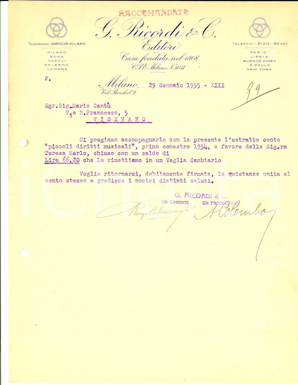 Documento originale, autentico 1935 MILANO Editori RICORDI su diritti a Teresa MERLO erede Antonio CAGNONI 1