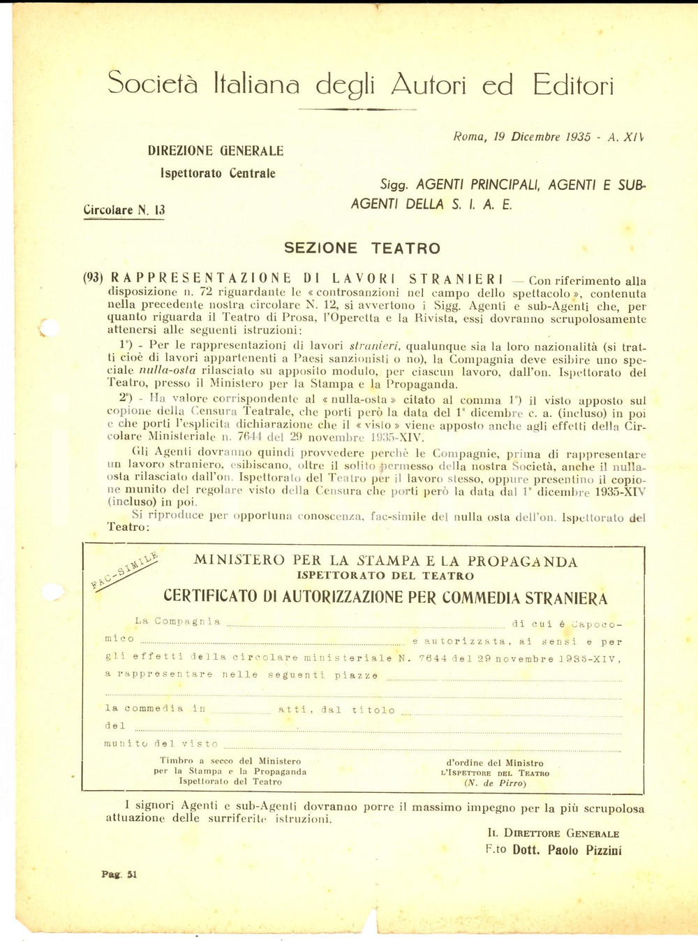 Documento originale, autentico 1935 ROMA SIAE Sulla rappresentazione e censura delle opere straniere a teatro 1
