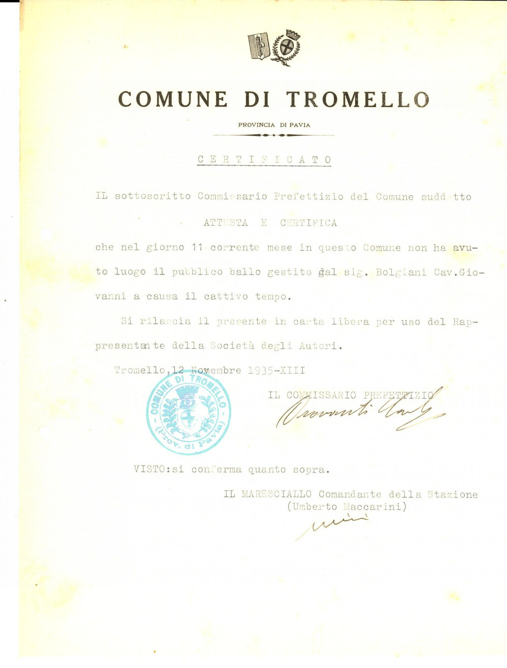 Documento originale, autentico 1935 TROMELLO PV Ballo pubblico di Giovanni BOLGIANI annullato per maltempo 1