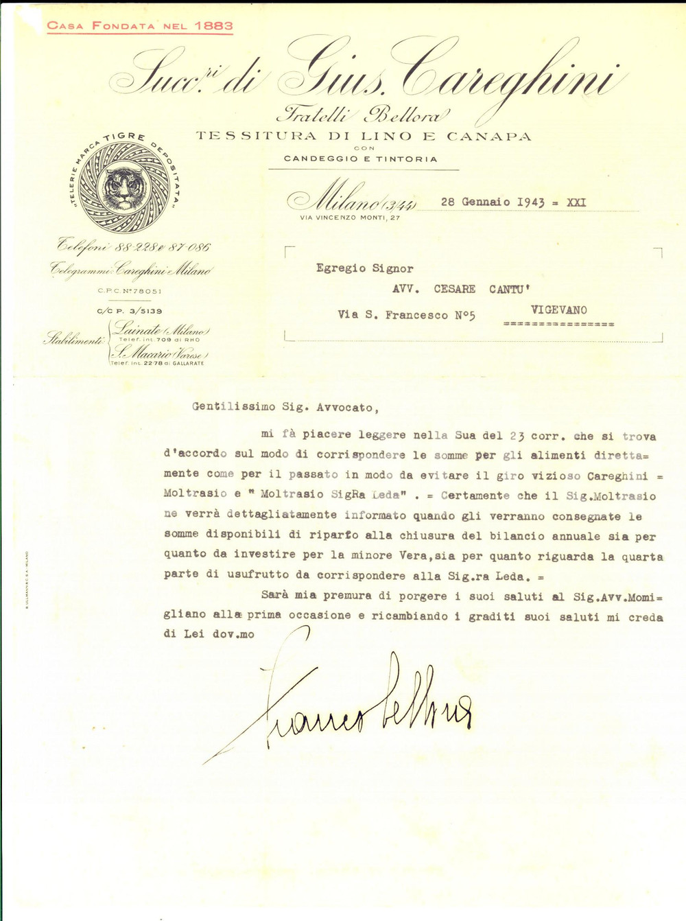 Manoscritto, lettera originale 1943 MILANO Franco BELLORA Ditta Successori di Giuseppe CAREGHINI lino e canapa 1